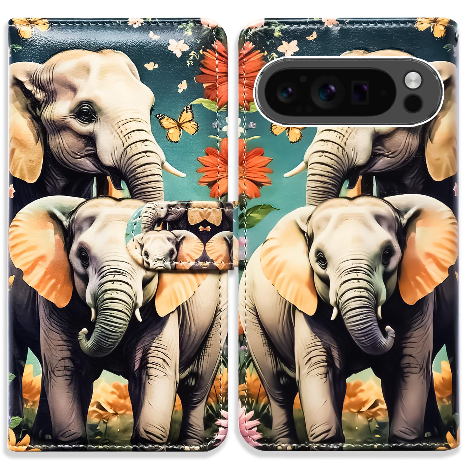 Beaucov RFID Blocking,Case for Pixel 9 Pro XL,Elephant Family Butterfly Leather Flip Phone Case Wallet Cover with Card Slot Holder Kickstand for
