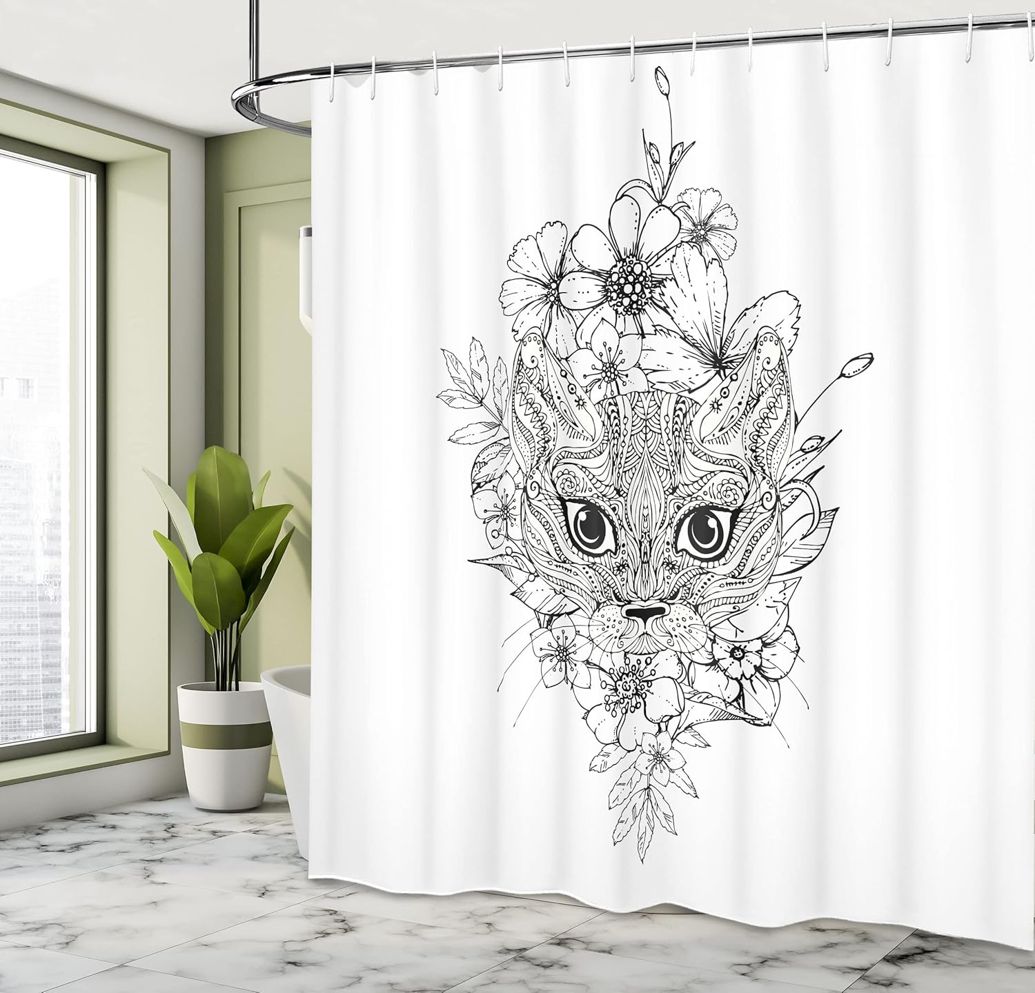Ambesonne Cat Shower Curtain, Abstract Hand Drawn Image of a Cat with Elements from Many Cultures Flowers Lines, Cloth Fabric Bathroom Decor Set with Hooks, 69" W x 84" L, White and Black