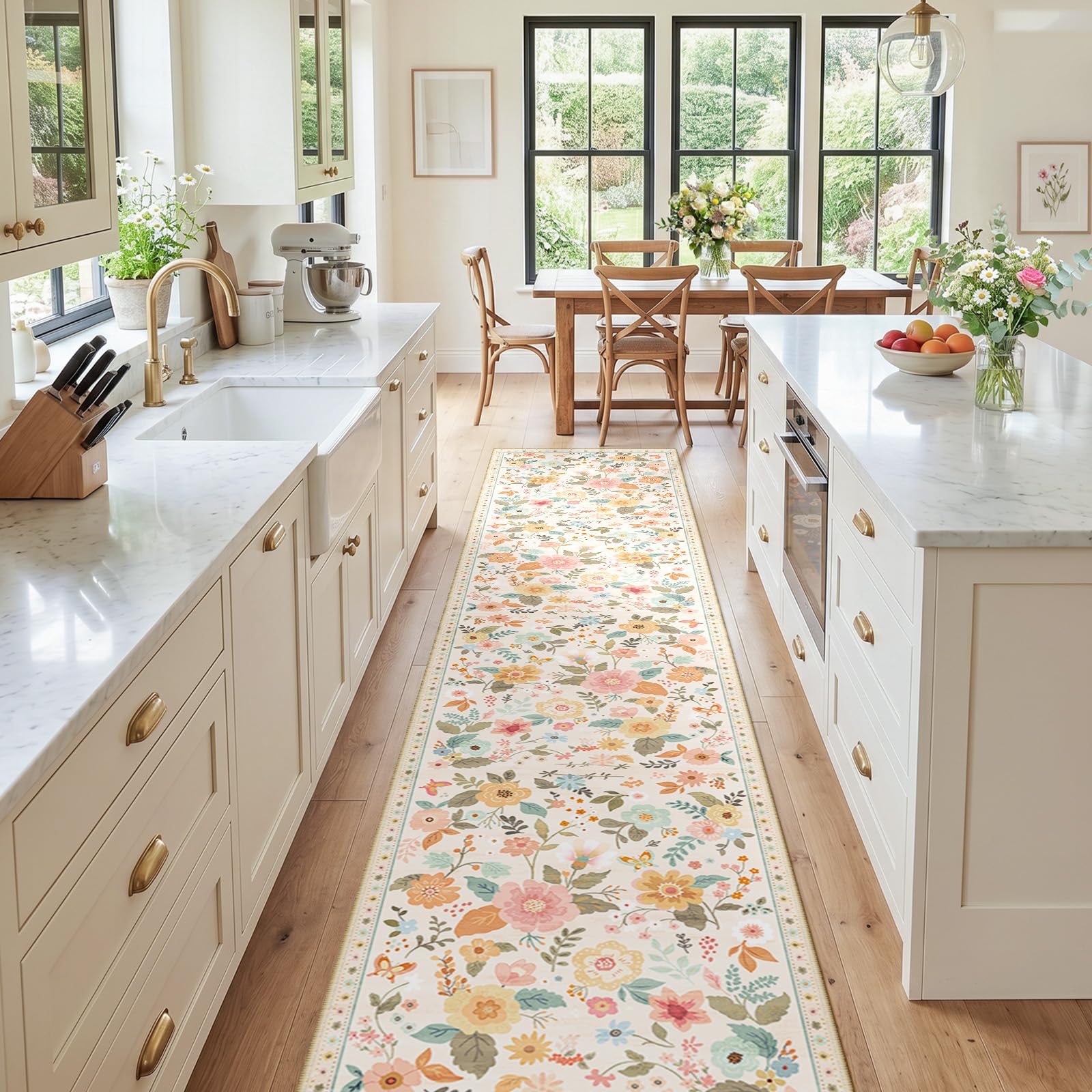 DEFYNEE Runner Rugs for Hallway, 60×300cm Floral Rug, Non-Slip 5.88mm Low Pile Boho Vintage Floral Carpet with Printed Design for Kitchen, Bedroom, Entryway, Lounge, Bedside, Beige/White/Orange — image 1