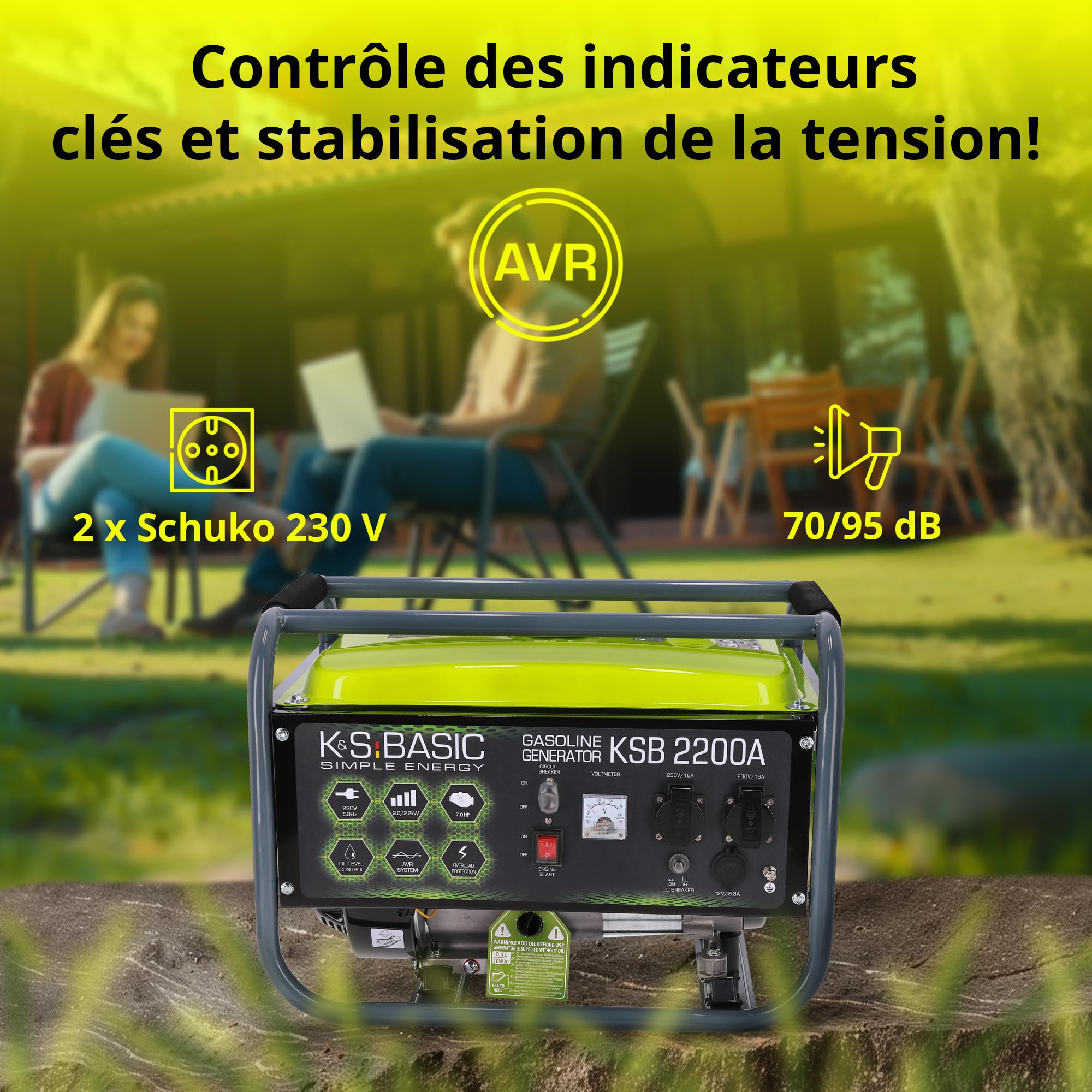 Groupe électrogène à essence KSB 2200A, puissance maximale 2200W, démarrage manuel, puissance moteur 5,5 CV, régulateur AVR, voltmètre, 2x16A (230V), sortie 12V, alternateur en aluminium