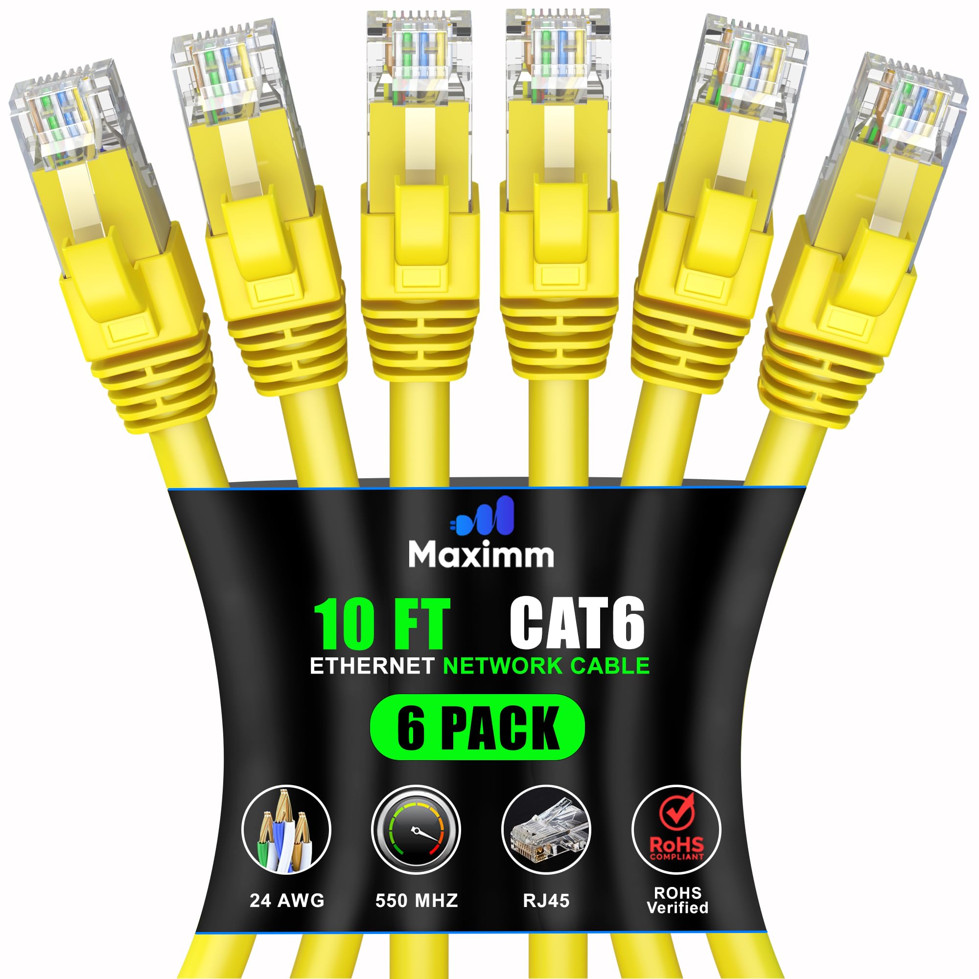 Maximm Cat 6 Ethernet Cable 10 ft (6-Pack) - High-Speed LAN Cable, Internet Cable, Patch Cable, and Network Cable - UTP, 10Gbps, 550MHz Ethernet Cord