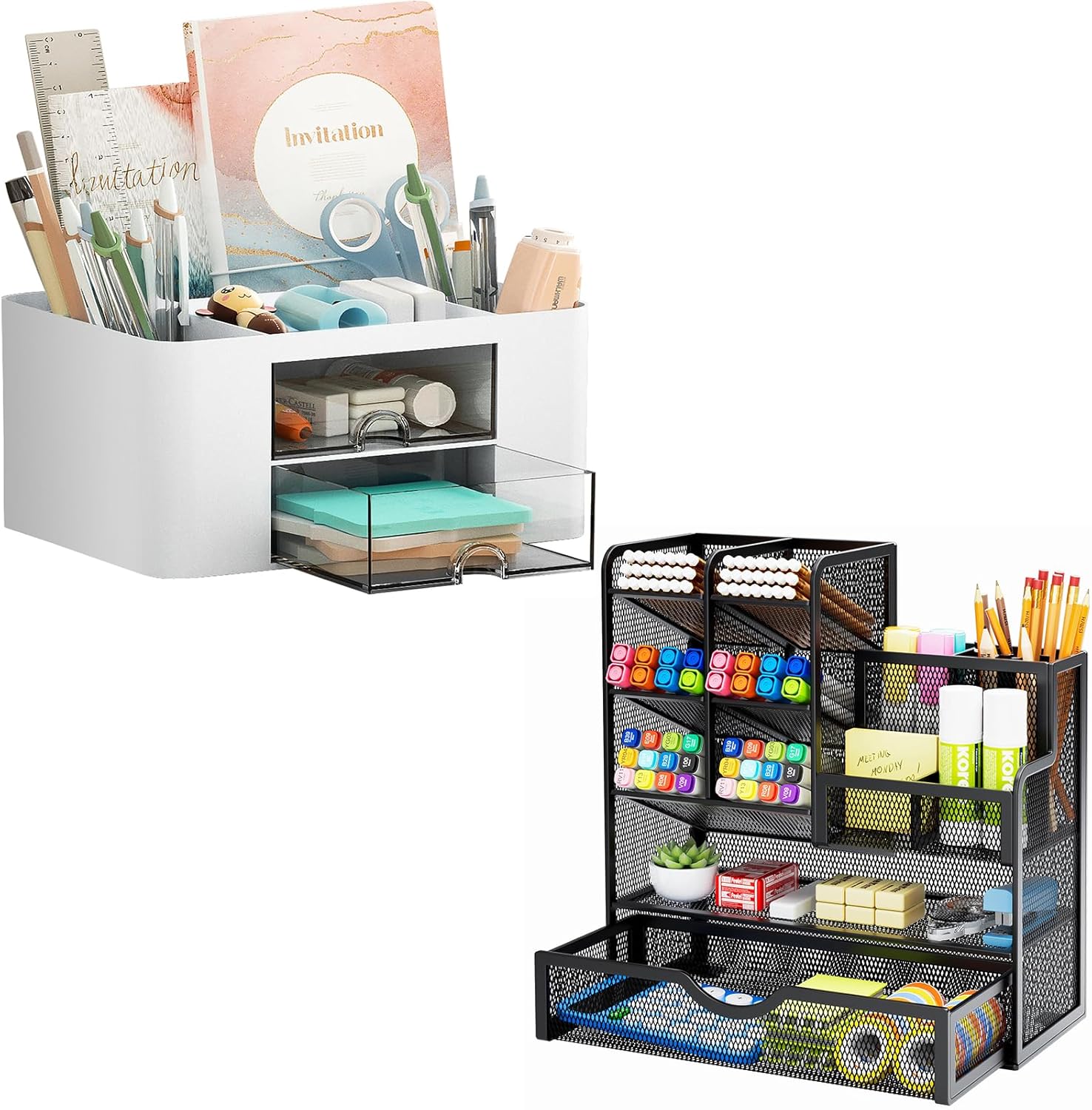 Marbrasse Pen Organizer with 2 Drawer + Mesh Pen Holder with Drawer