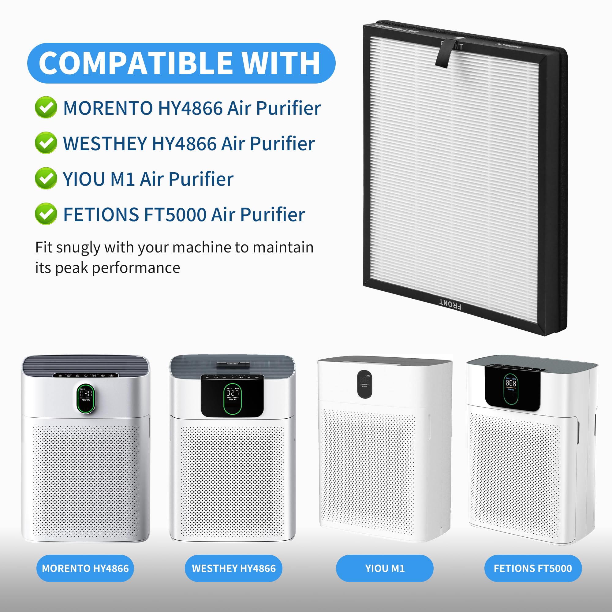 6 paquetes de filtros de repuesto H13 True HEPA y carbón activado para purificadores de aire MORENTO HY4866, WESTHEY HY4866, YIOU M1 y FETIONS FT5000