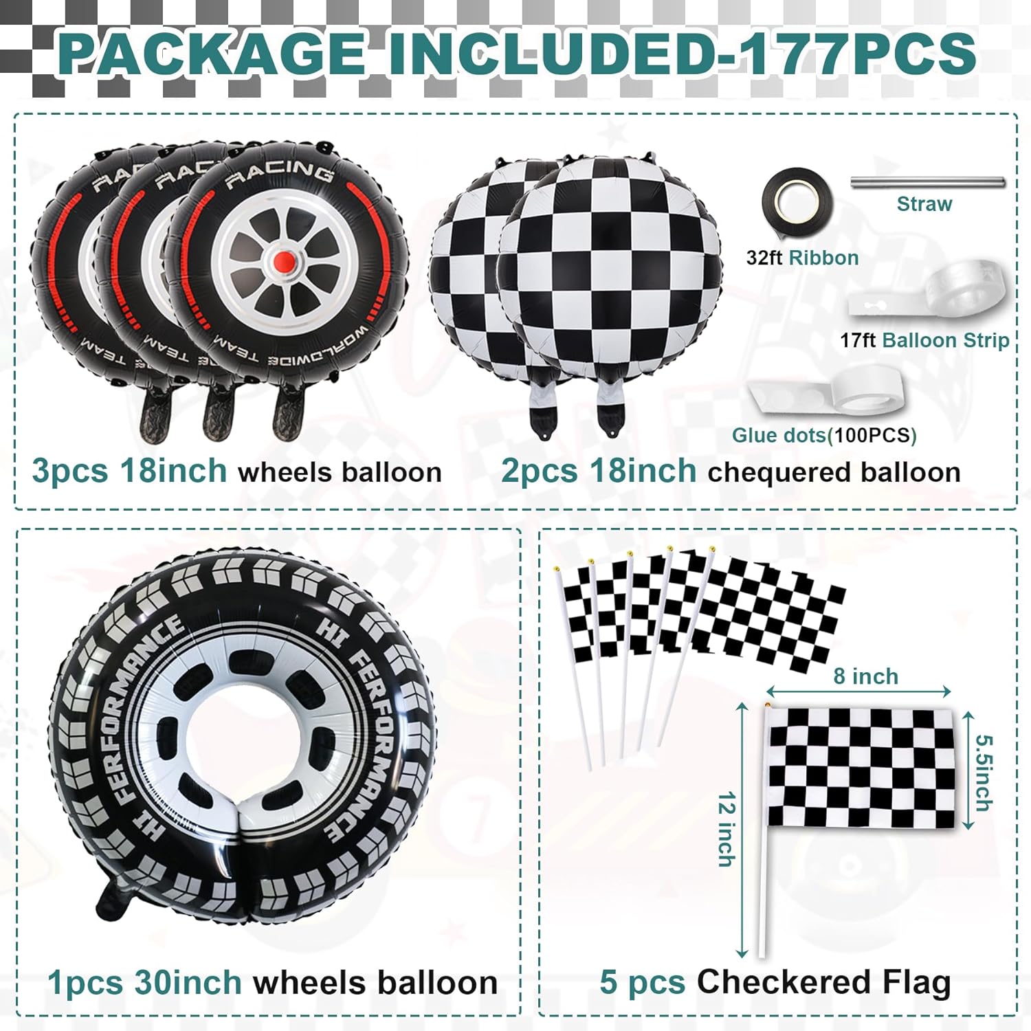 Race Car Party Balloons Arch Kit,177pcs Race Car Party Decorations Dusty Blue black Dusty Green & Wheels Foil Balloon& Checkered Flag for kids Racing car Theme Two Fast Party Supplies - Image 3