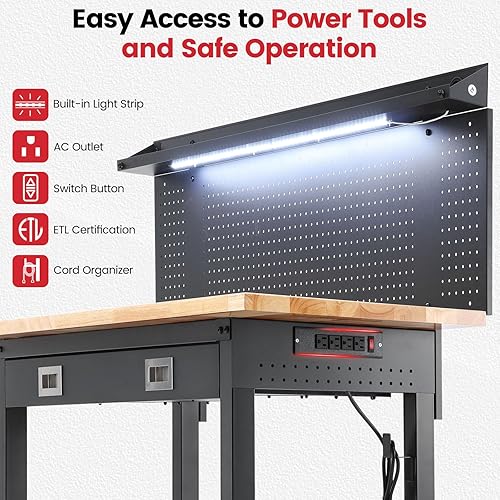 Miniatura 6 de Bancos de trabajo para garaje con ruedas, banco de trabajo ajustable de madera de goma de 60 pulgadas con cajones, tablero de clavijas, tomas de