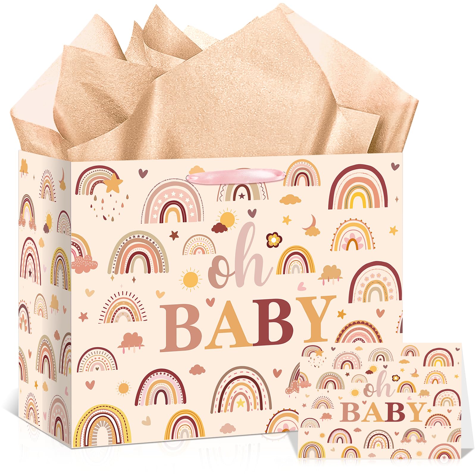 Woosytoo Boho Rainbow Baby Gift Bag for Girls, Hippie Boho Baby Shower Wrapping Paper Bag with Tissue Paper and Card for Little One Congratulations Gifts Gender Reveal Newborn Party Favors