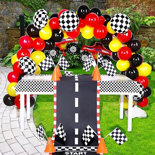 Miniatura 5 de Kit de decoración de 118 piezas de suministros de fiesta de cumpleaños de autos de carreras, banderines de bandera a cuadros de carreras, telón de