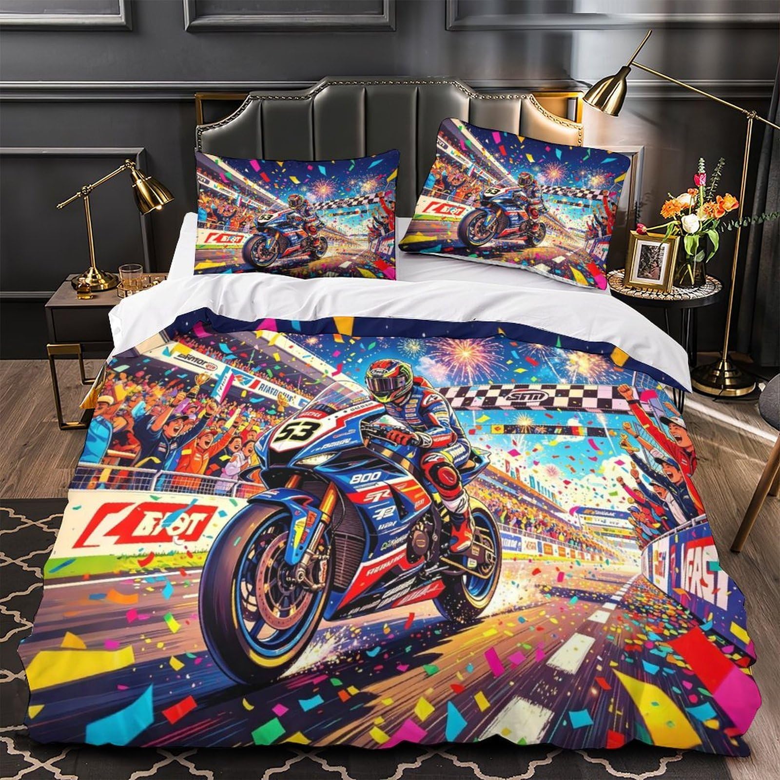DAFUfbw Warmth Championship Moment Quilt Cover Set Single（140x200cm）, Light Duvet Cover with Pillowcases Motorcycle Race Bedding Set Soft Microfiber Comforter