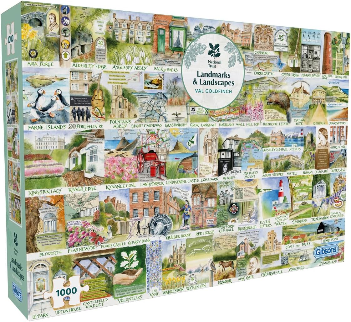 Gibsons National Trust Landmarks & Landscapes 1000 Piece Jigsaw Puzzle for Adults – Mix of British Landscapes, Landmarks & Nature Artwork by Val Goldfinch – Sustainably Made in the UK/EU – Great Gift