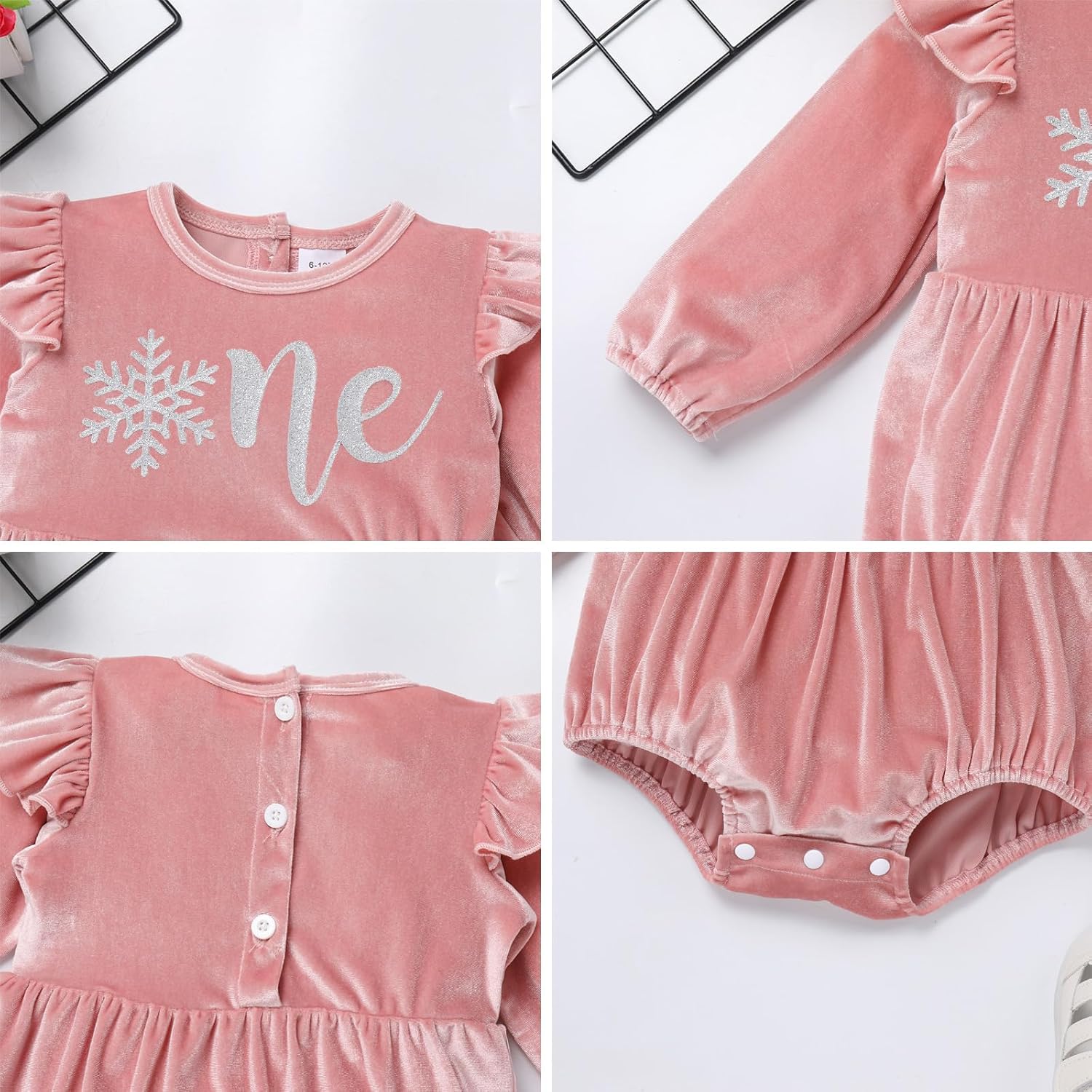 IMEKIS Baby Girls Winter Snowflake 1st Birthday Outfit Velvet Romper + Headband + Socks Christmas Cake Smash Photo Shoot - Image 4
