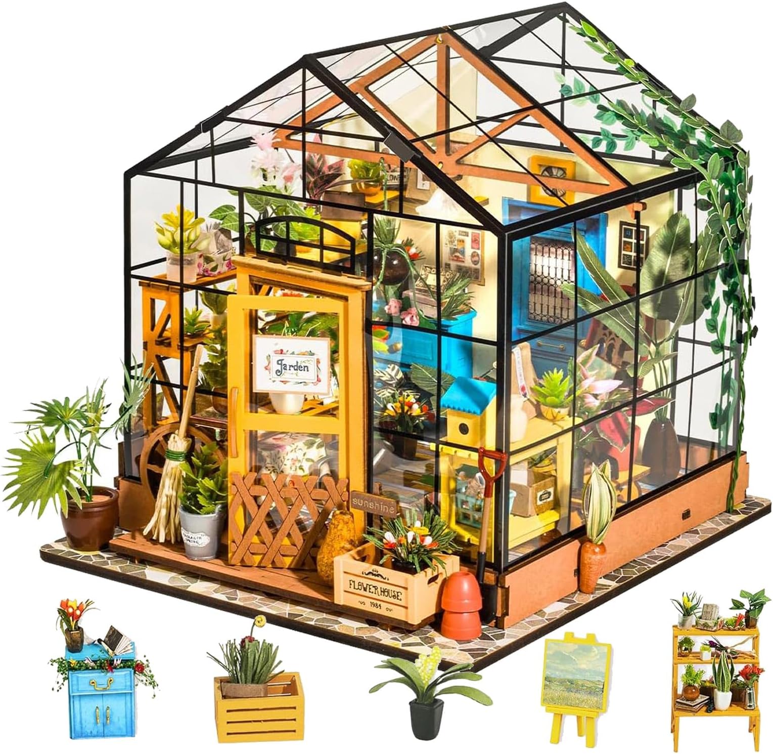 DIY Miniature Dollhouse Kit 1:24 Scale Wooden Greenhouse Mini House Furniture Women Girls Boys Gift Birthday Christmas Valentine