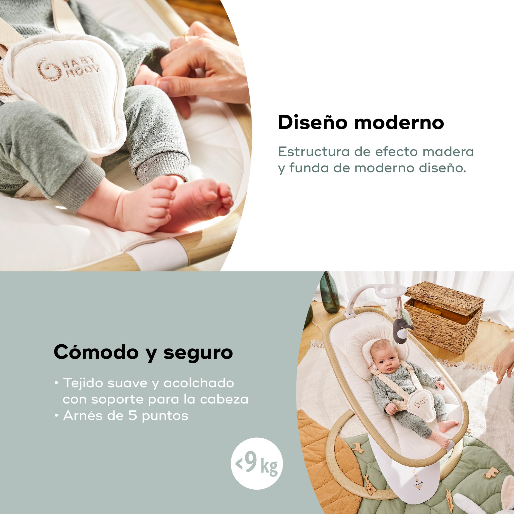 Babymoov Balancín eléctrico para bebé Swoon Hoop - Diseño Elegante - Asiento de 90° - 5 Movimientos de balanceo - Arco de Juego y Reductor para recién Nacido incluidos