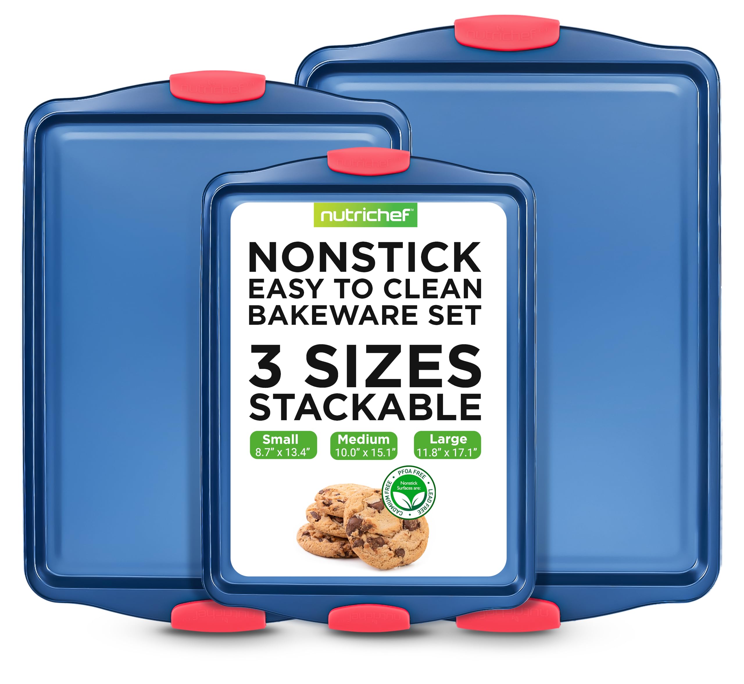 NutriChef 3-teiliges Antihaft-Backformen-Set – Backformen aus Karbonstahl mit blauer Beschichtung innen und außen und roten Silikongriffen, langlebig und zuverlässig, müheloses Backen und einfache