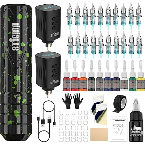 STIGMA Wireless Tattoo Gun Kit Complete Tattoo Kit Tattoo Rotary Pen Set with 2Pcs Tattoo Battery 20Pcs Cartridge Needles 11Pcs Ink Tattoo Machine Kit for Beginners Tattooist ST-TKP104A-1