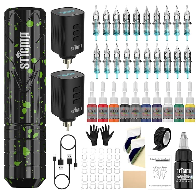 Kit para Tatuagem sem Fio STIGMA com Caneta Rotativa, Pele de Prática, Papel de Transferência, 2 Baterias, 20 Agulhas Cartucho e 11 Tintas ST-TKP104A-1