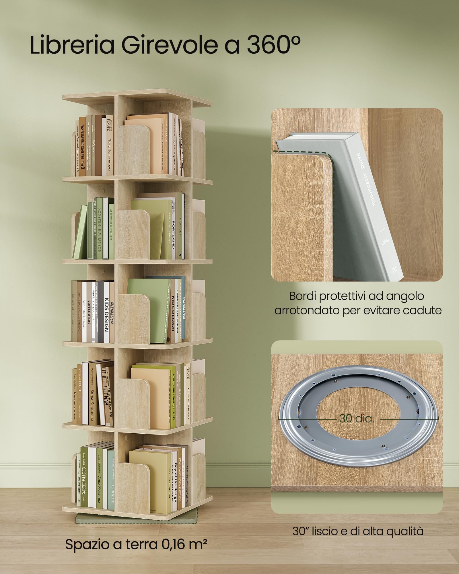 EUGAD Libreria Girevole a 5 Livelli, Libreria Alta e Stretta, Scaffale d'Angolo a Pavimento, Scaffale Girevole per Libri, Rovere Chiaro
