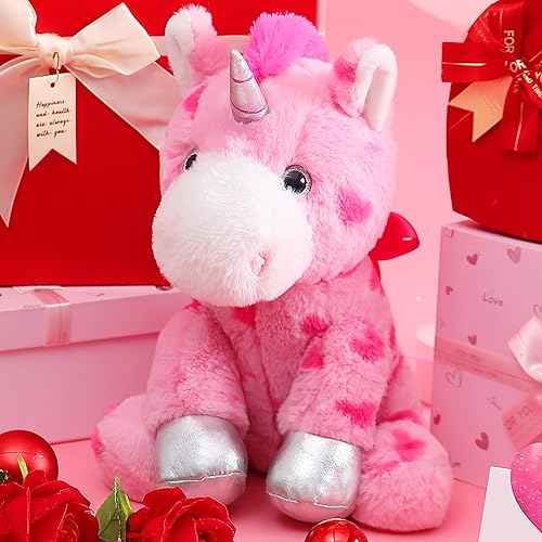 Miniatura 2 de PLAYNICS Peluche de unicornio de peluche con corazones y lazo para el día de San Valentín suave y pequeño juguete de peluche de unicornio de 118