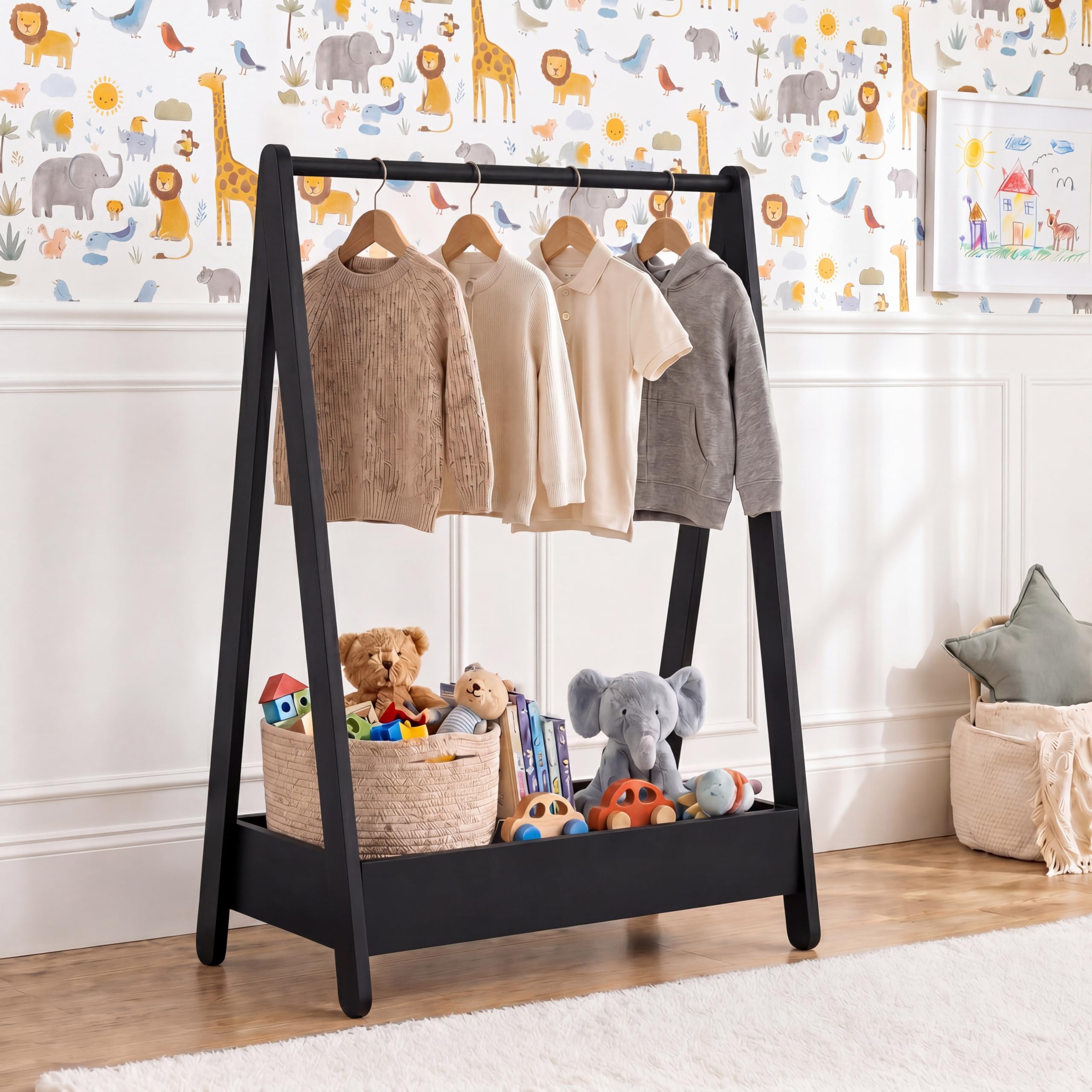 Junior Vida Kids Clothes Rack | Black | 99H x 64.5W x 42D cm | Solid Pine Wood | Space-Saving Hanging Dress Rail | Extra Storage Shelf | Portable | Toys, Footwear | Children Bedroom Furniture