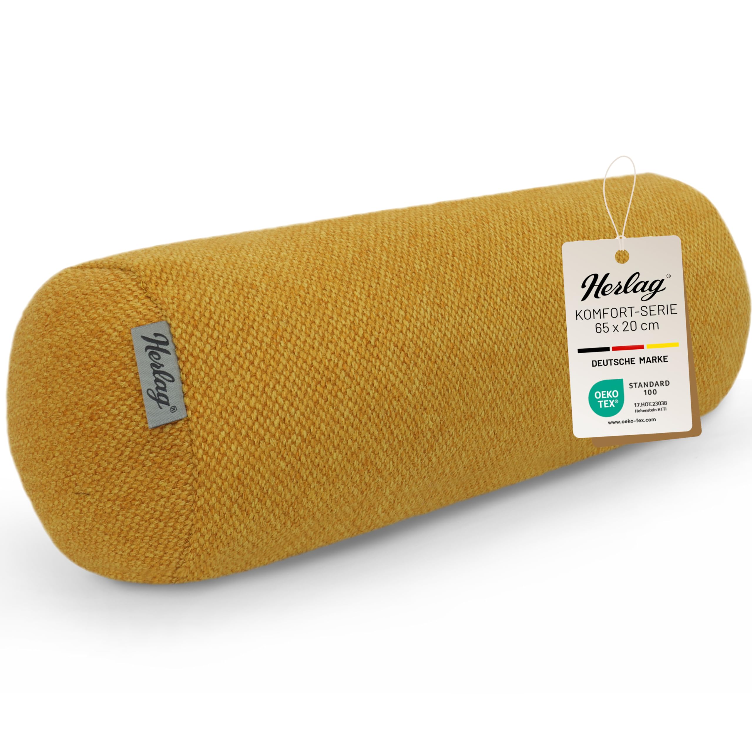 Herlag große Kissenrolle Luxe 65x20cm - Lange Nackenrolle mit Bezug - Wohnliches Seitenschläferkissen - Waschbare Schlafrolle für Erwachsene & Kinder - Eleganter Strukturstoff - Senfgelb -Öko Tex 100