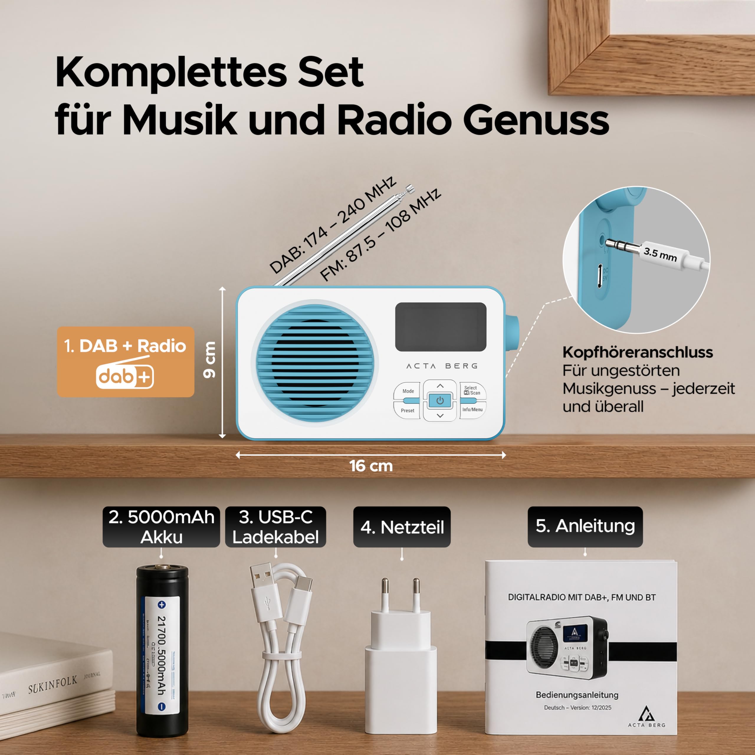 Acta Berg DAB Radio mit Akku 5000 mAh austauschbar & BT 5.3 (Baby-Blau) | DAB+/UKW-Radio, Akku austauschbar + Netzstecker, 80 Senderspeicher, USB-C, tragbares Digitalradio, mit Wecker & Timer