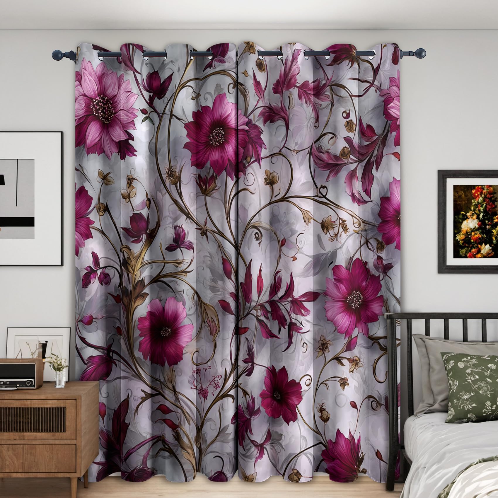 Vintage Floral Curtains Blackout, 46x54 Inch 2 Panels - 3D Purple Flower Pattern Black Out Curtains, Home Decor, 54 Drop Eyelet Window Drapes for Bedroom, Living Room KA199