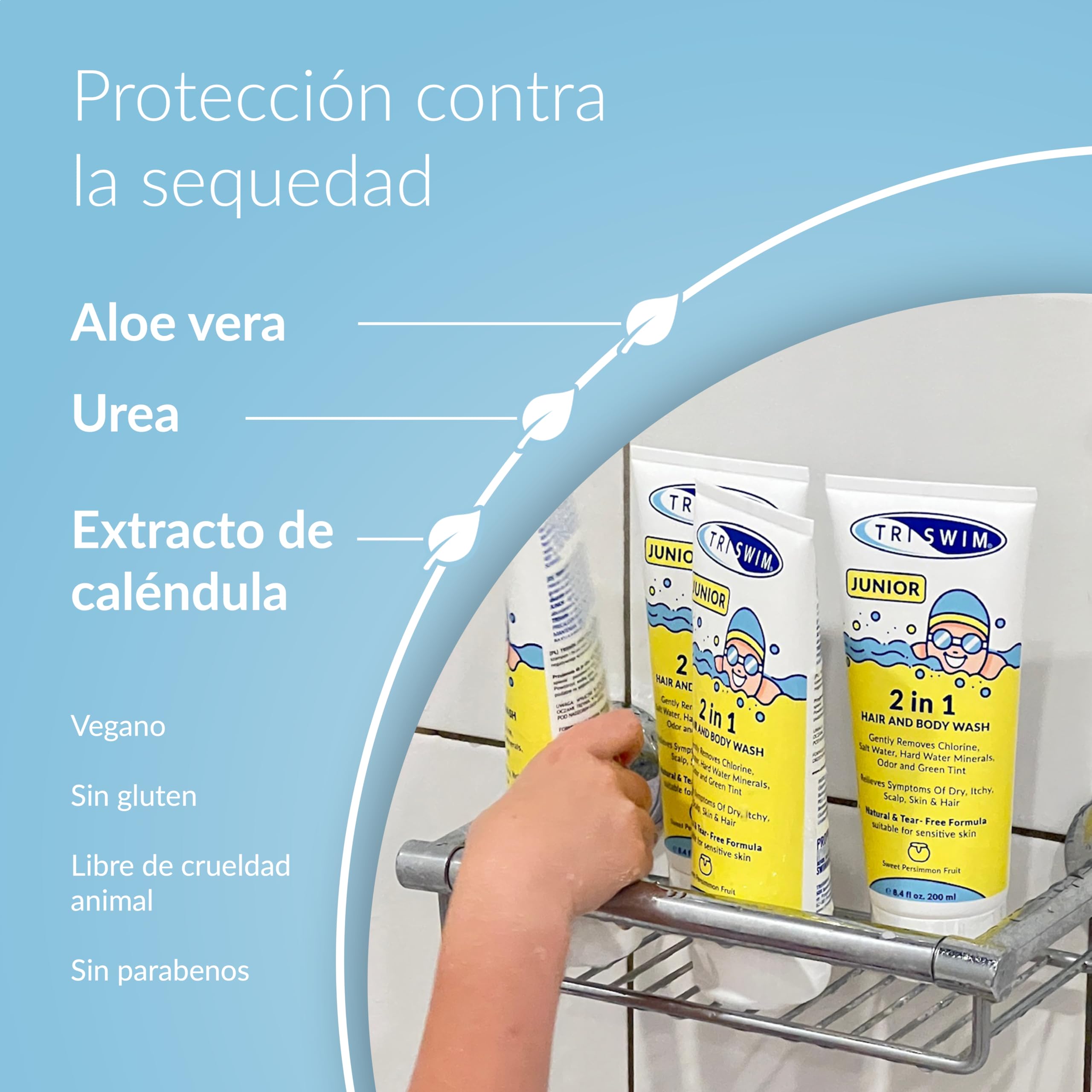 TRISWIM - Junior Gel de Baño y Champú Anticloro Después de la Natación para Niños, Elimina Suavemente el Olor a Cloro y Piscina, la Fórmula Natural Previene la Picazón en la Piel - 200 ml