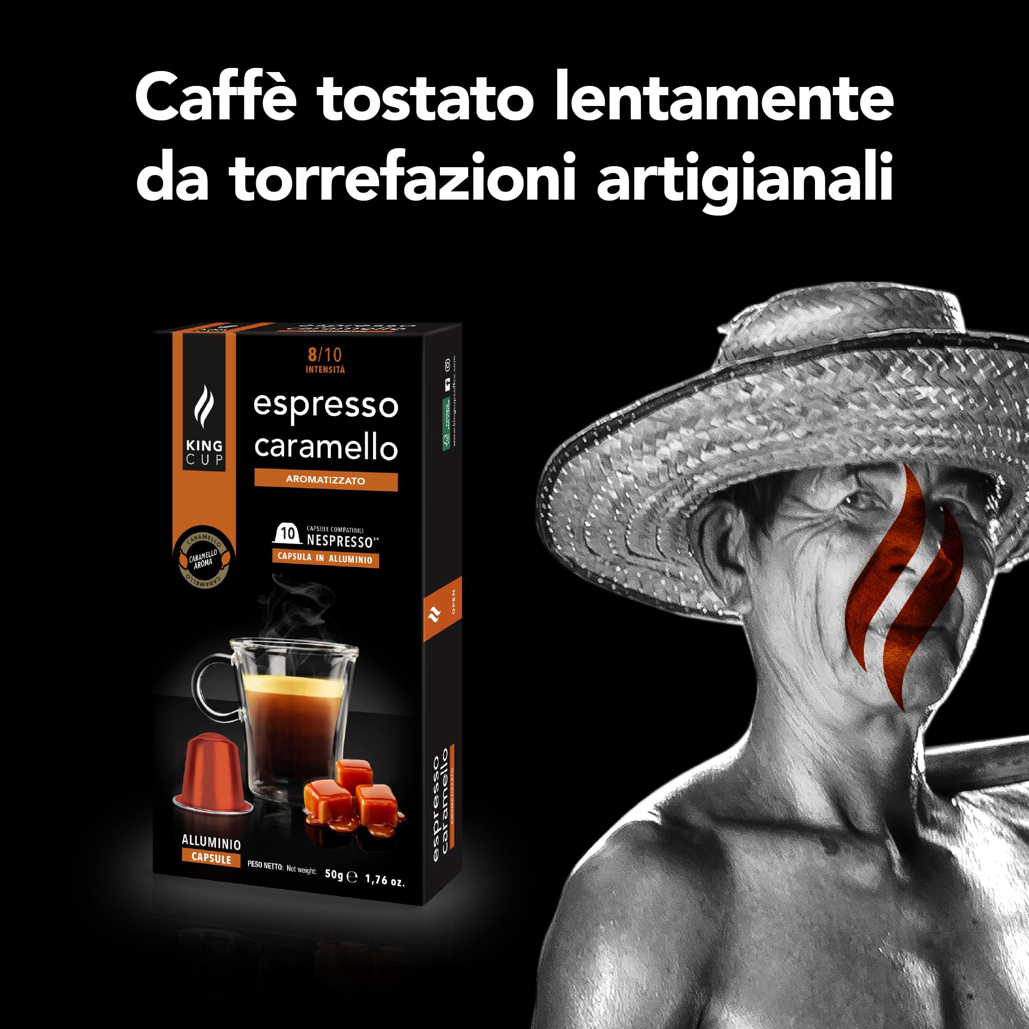 King Cup - 10 Confezioni da 10 Capsule di Caffè Espresso con Caramello, 100 Capsule in Alluminio Compatibili con Sistema Nespresso di Caffè Aromatizzato al Caramello in Capsule Salva Aroma da 5 Gr