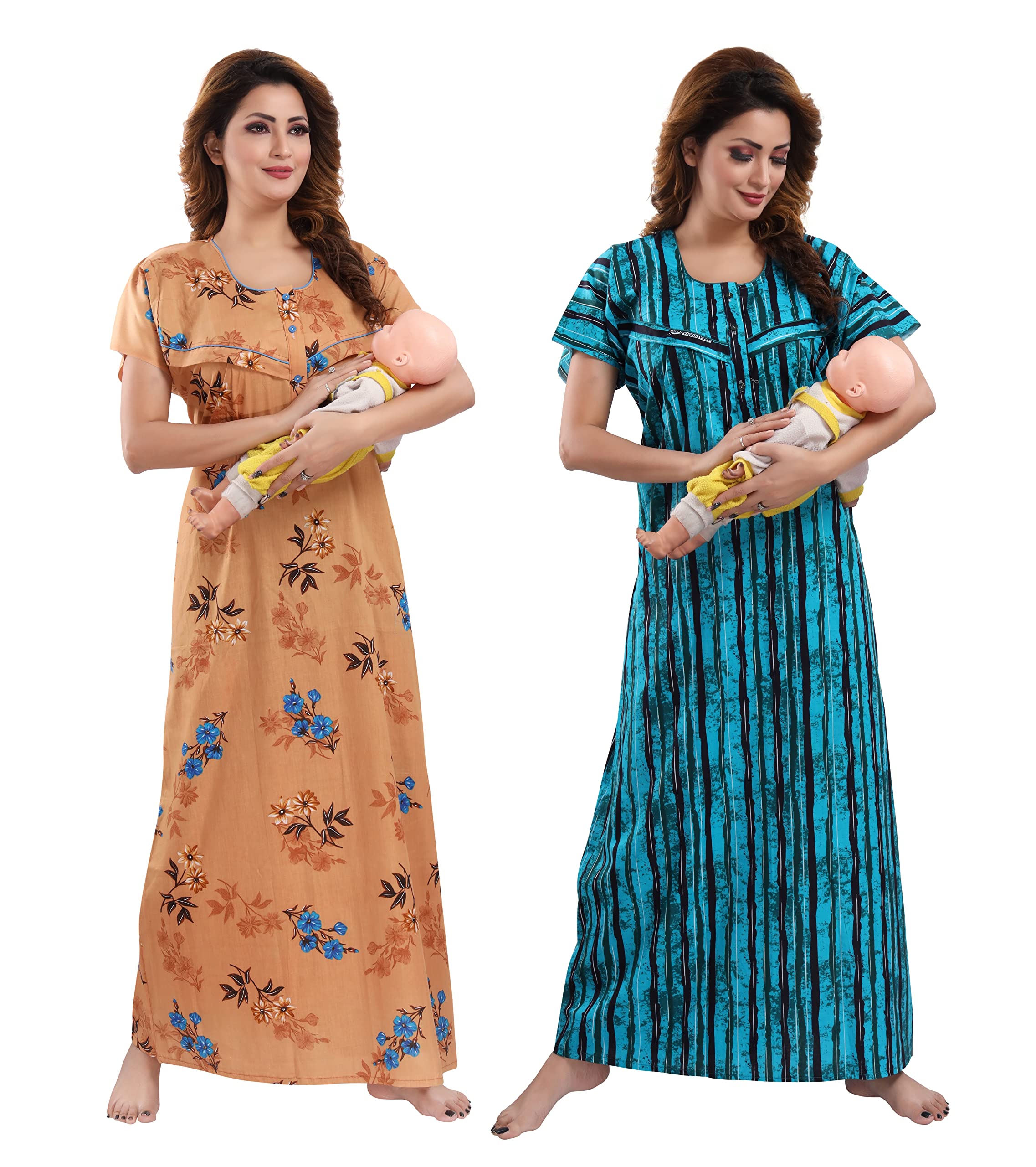 Women's Maternity/Feeding Cotton Fabric Nightgown/Nightie with Pocket (Pack of 2)-image-42