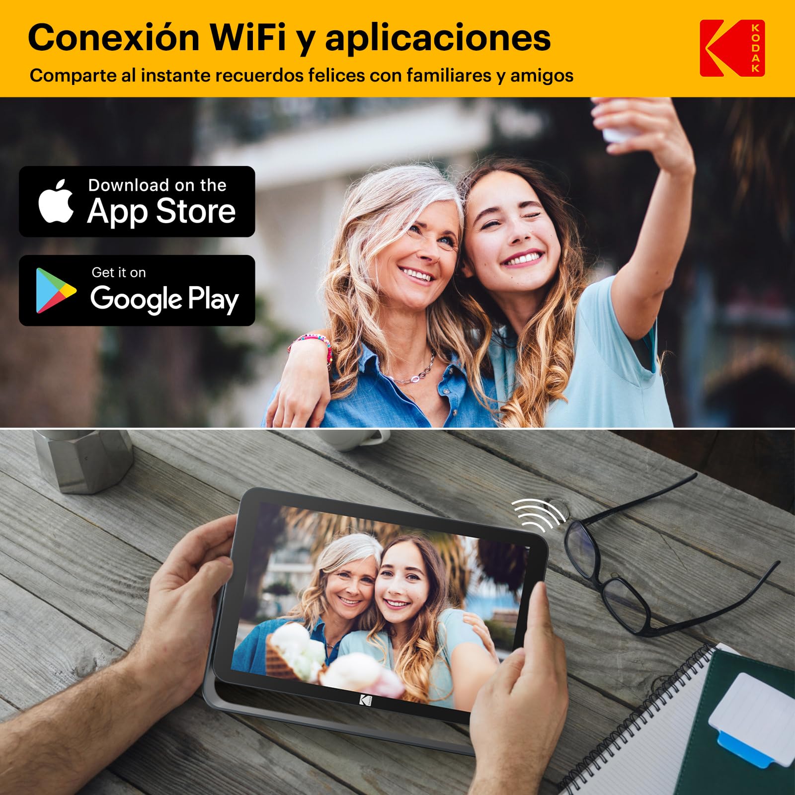 KODAK Marco de Fotos Digital WiFi de 10.1 Pulgadas con Batería de 4000mAh, Pantalla Táctil IPS G+G de 1920x1200, Compartir por WiFi, Memoria de 32 GB Integrada, Rotación Automática, Marco Metálico