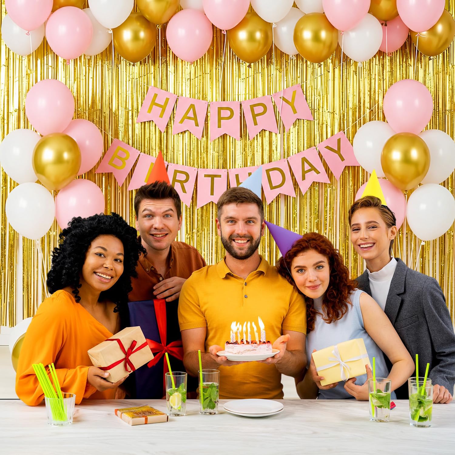 Party Propz Happy Birthday Decoration Kit - 40 Pcs Pink Birthday Banner Set, Balloons, Golden Foil Curtain, Balloons For Decoration, Bday Decoration Kit for Girls (Cardstock, Foil, Latex) 2