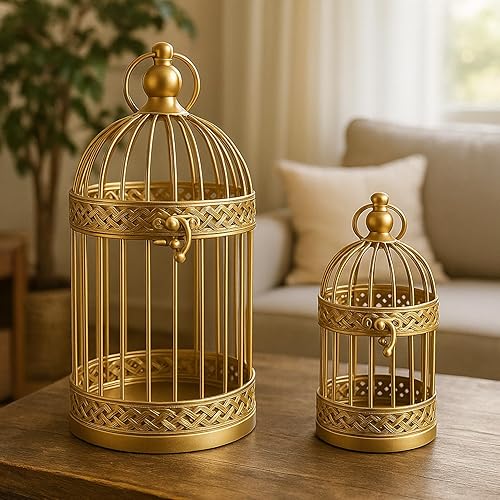 Miniatura 2 de Vela Lanterns Portavelas decorativo para jaula de pájaros, farol decorativo para centro de mesa, dorado, juego de 4