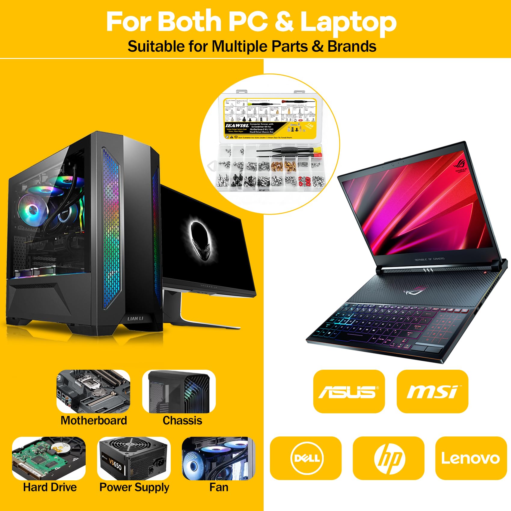 168PCS Computer Screws Kit Motherboard Screws Standoffs for Universal HDD, Chassis, Fan, PC Case, Graphics, M.2 SSD Screws for DIY and Repair, PC Screws with Magnetic Phillips and Slotted Scredriver - 5