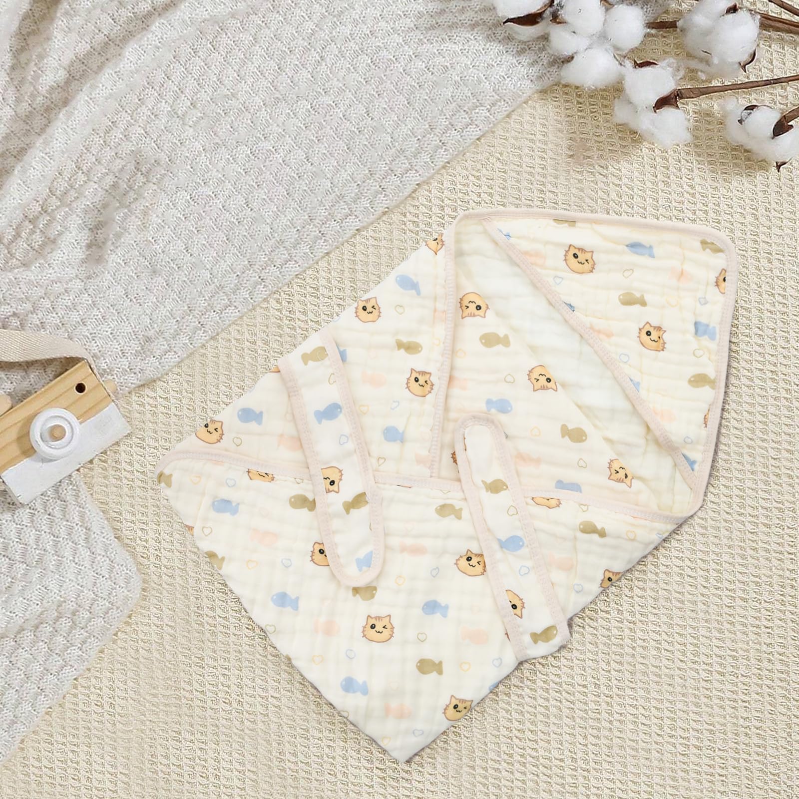 Baby Blanket 6-Layer Cotton Muslin Cotton Blanket with Ties Swaddles for Newborn for Strollers/Play Mats/Air-Conditioned Rooms, Beige - Image 4