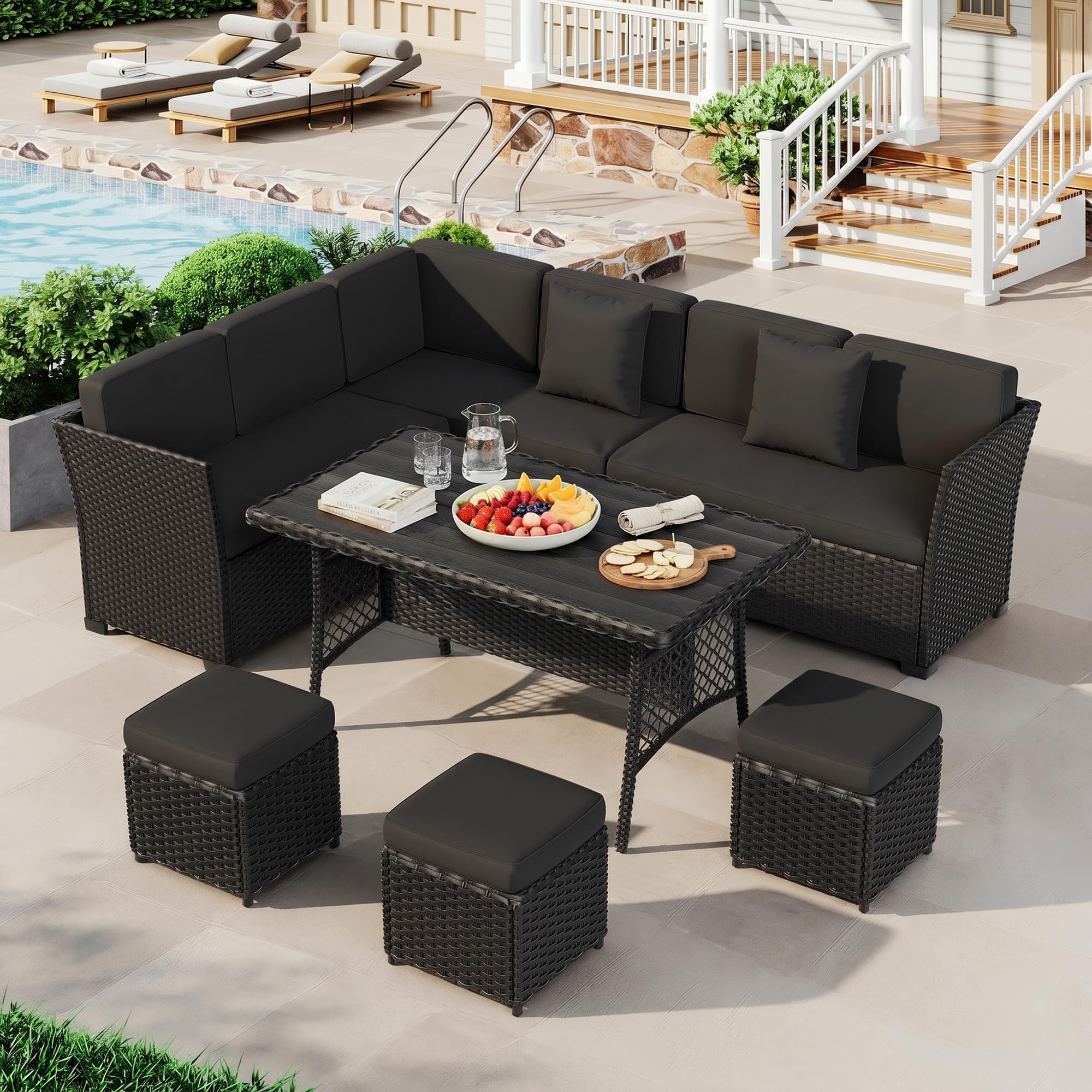 7 Pieces Patio Furniture Set, Patio Sectional with Dining Table & Ottoman