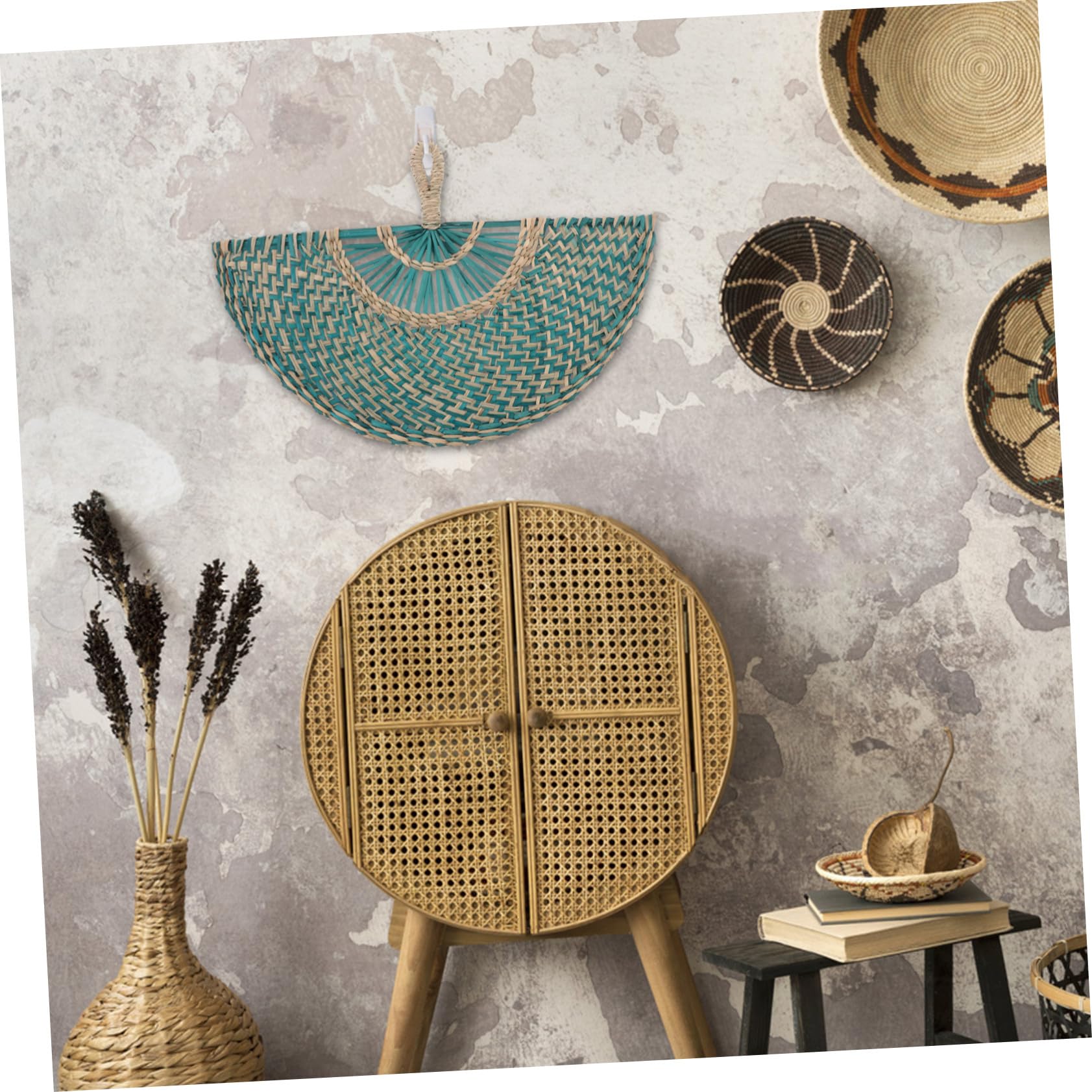 Abanico Tejido a Mano de Paja Natural Verde Semicircular para Decoración de Pared Estilo Bohemio y Rústico Función Colgante Adecuado para Verano