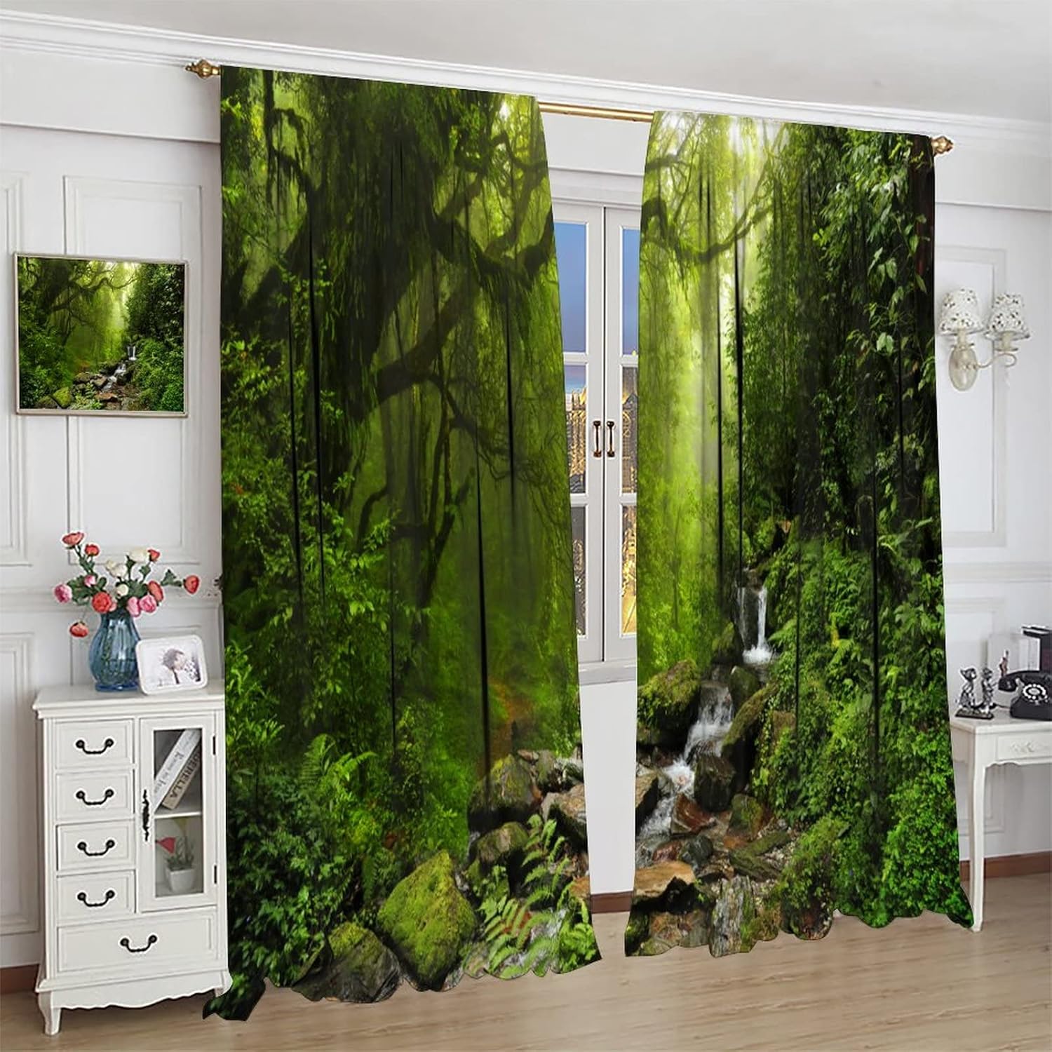 Natural Scenery Curtains - Forest Idyllic Greenery Dream Mystery Fresh Tropical Scenery Theme, Living Room Bedroom Blackout Decorative Curtains 2 Panels, 42x45 Inch. Green Emerald Color