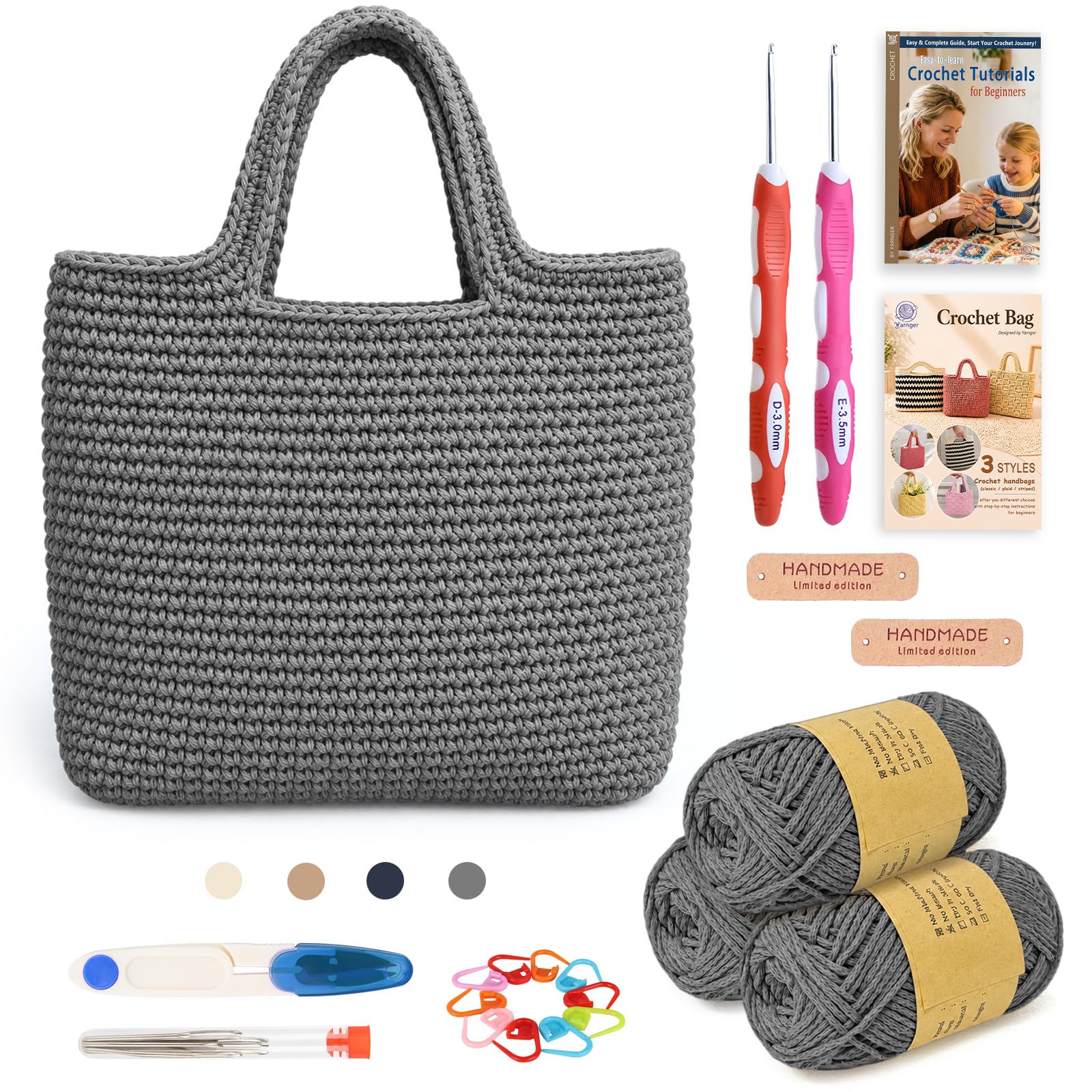 Yarnger Crochet Bag Kit, Classic Style Handbag Crochet Kit Includes Thick Cotton Cord, Crochet Hooks, Step-by-Step Instruction, Practical Crochet Kit for Beginners, Crochet Bag DIY Kit, Dark Gray