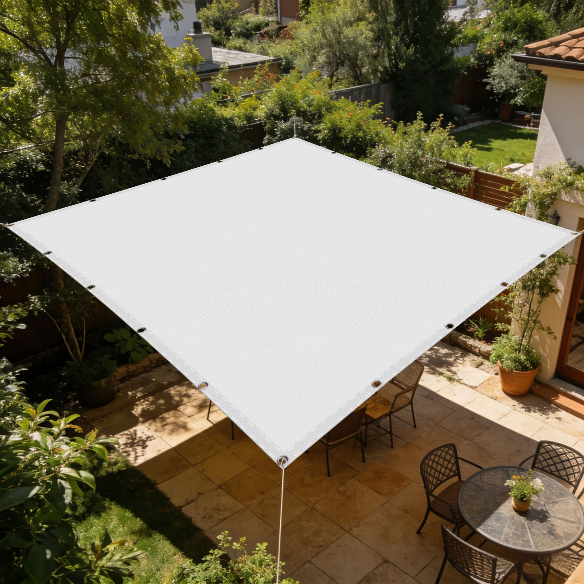 Voile d'ombrage carré 1.8x5m blanc avec oeillets et cordons de montage pour balcon