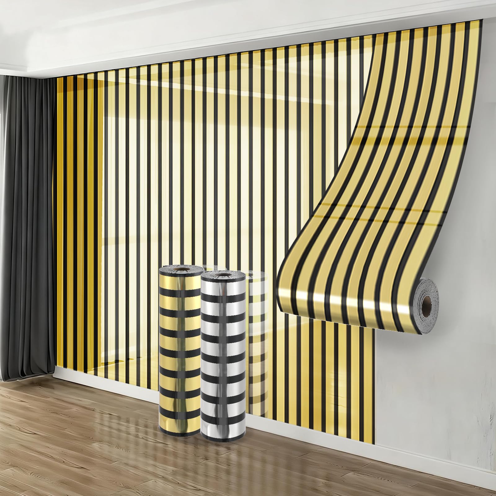 Takezuaa 4 Roll Self Adhesive Thermal Insulation Wallpaper 2.2mm Thick Mirror Imitation Grille Stripe Metallic Peel and Stick Wallpaper for Living Room,Bedroom 40cm x 3m - Gold — image 1