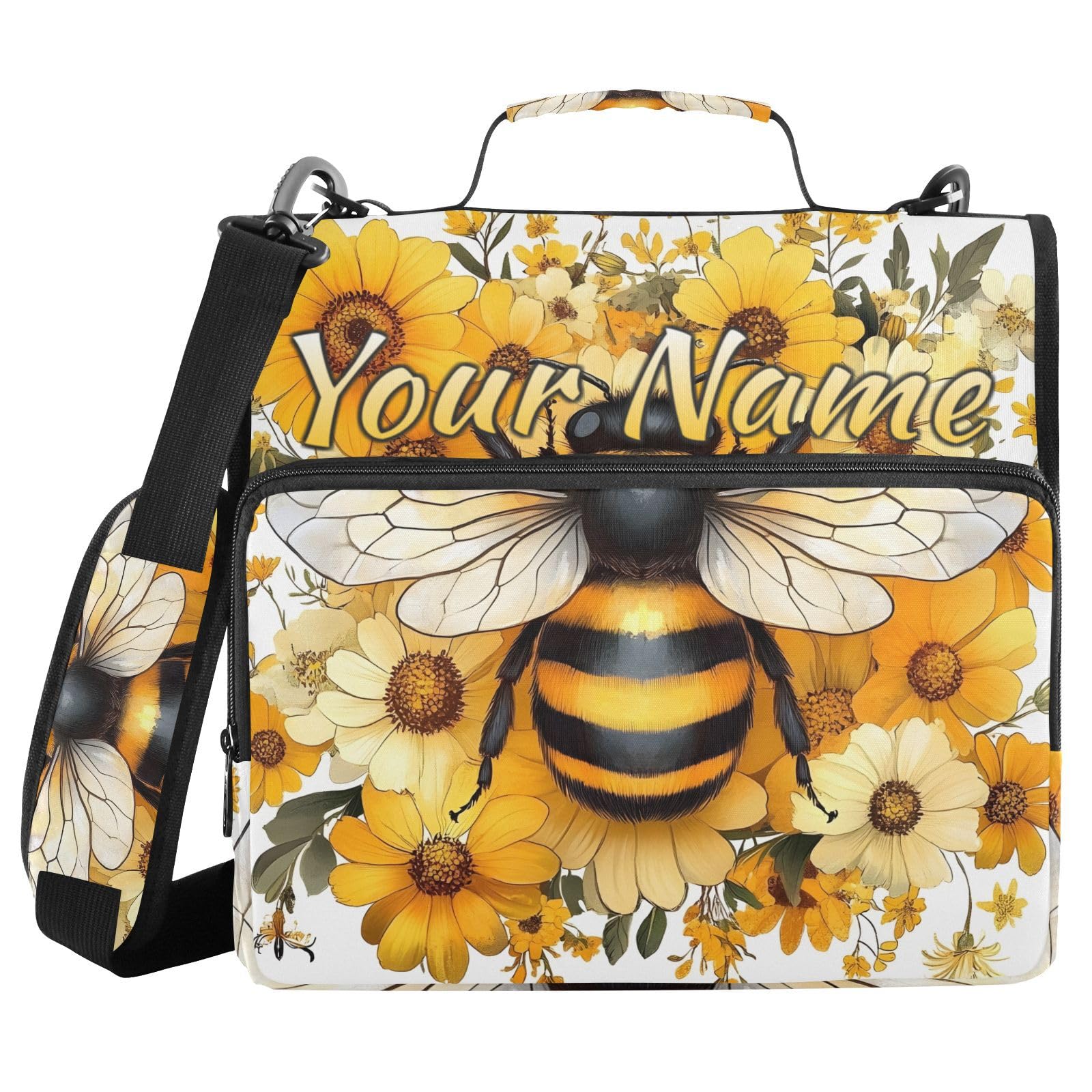 Custom 3 Ring Zipper Binder Yellow Daisy Bee Bumblebees Personalized Name 1.5 Inch Binders Large Capacity Multi Pockets for School Office Supplies