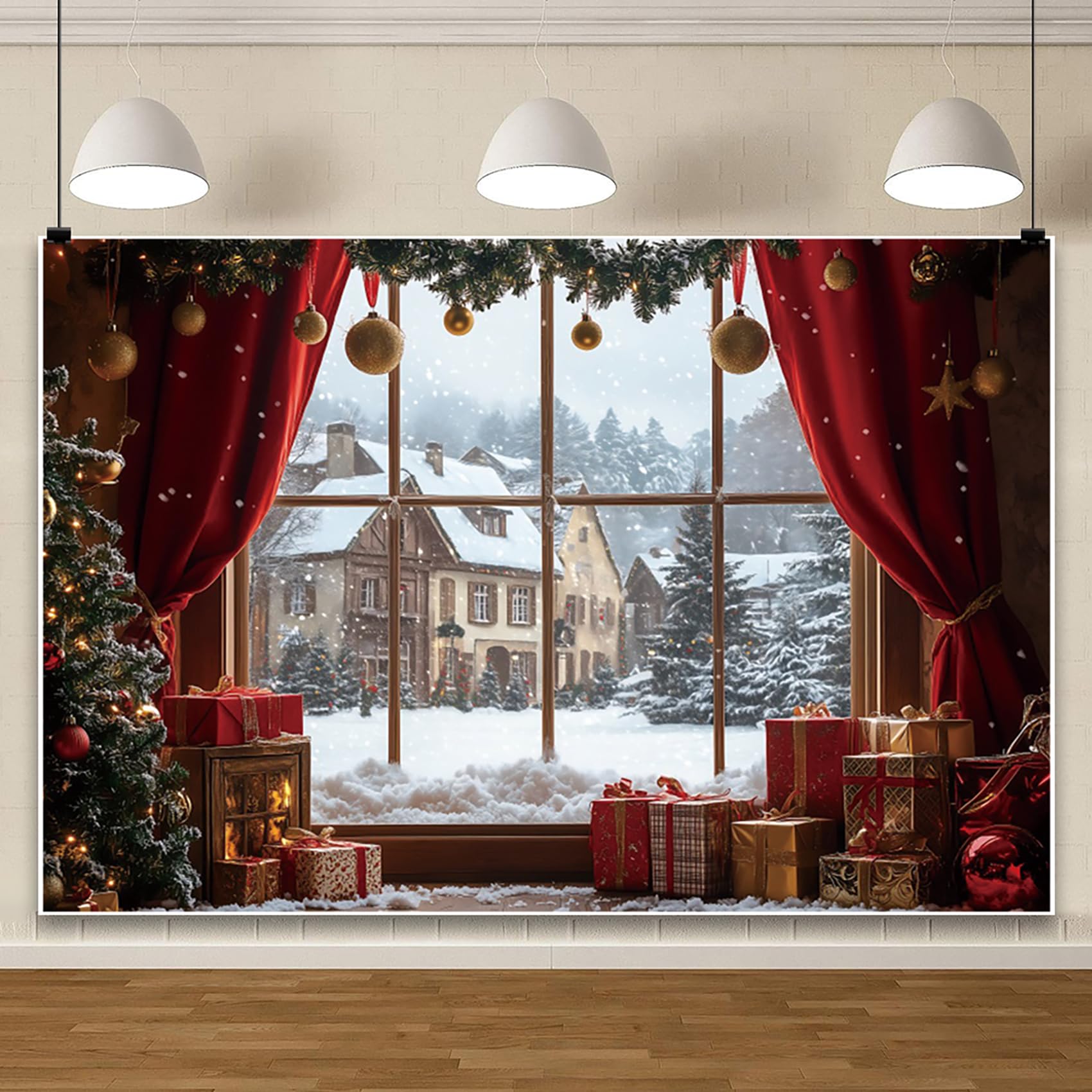 6x3m Sfondo Natalizio Finestra Invernale Scena di Neve Tenda Rossa Festa di Capodanno Sfondo Fotografico Vacanza Invernale Famiglia Vigilia di Natale Decorazione Festa Banner