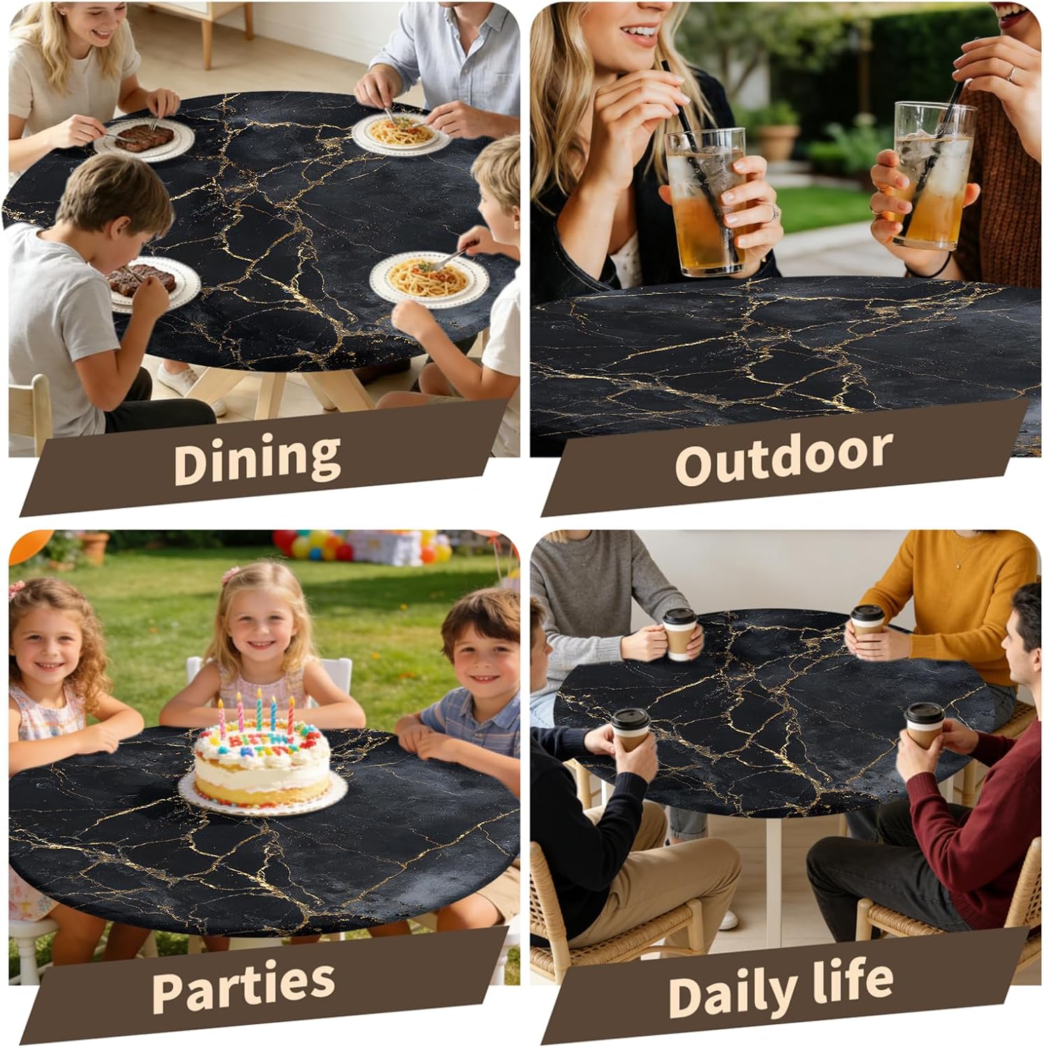 Round Fitted Tablecloth with Elastic Edge Design Table Cover Waterproof Stain-Resistant Wipeable Table Cloth Best for 45-48 Round Tables for Outdoor/Indoor Black Marble