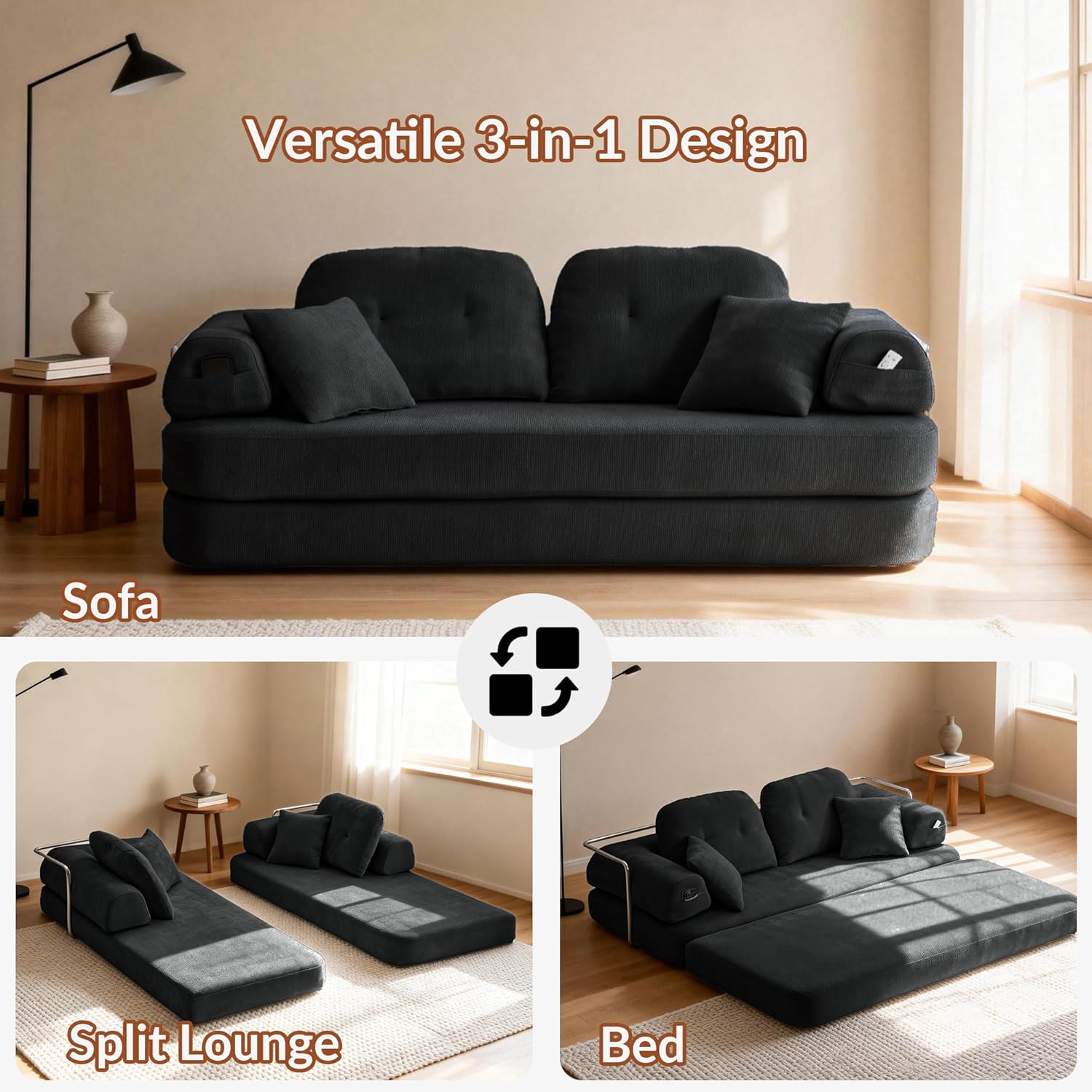Floor Sofa, Modern Chenille Modular Couch with Large Ergonomic Backrest, Non-Slip Sleeper for Small Apartment & Compact Space, No Assembly Required (Charcoal, 82'')
