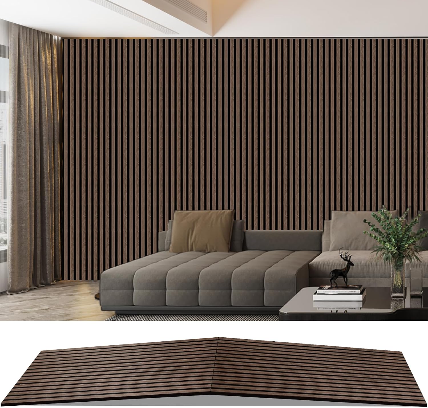 Acoustic Folding Wood Slat Wall Panels, 94.5" x 23.6" 15.5ft2 for Interior Wall Decor, Sound Absorbing Slat Wall Paneling, Fluted Wall Wood Panels for Stylish Interiors Noise Reduction (Black Walnut)