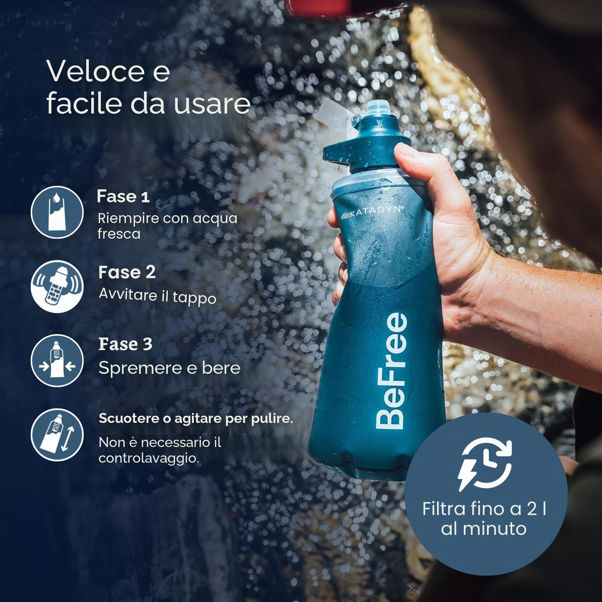 Katadyn BeFree AC 1,0L blu ardesia – Filtro dell'acqua ultraleggero per attività all'aperto, campeggio e avventura, con filtro ai carboni attivi & membrana EZ-Clean ™ – Acqua potabile pulita sempre e