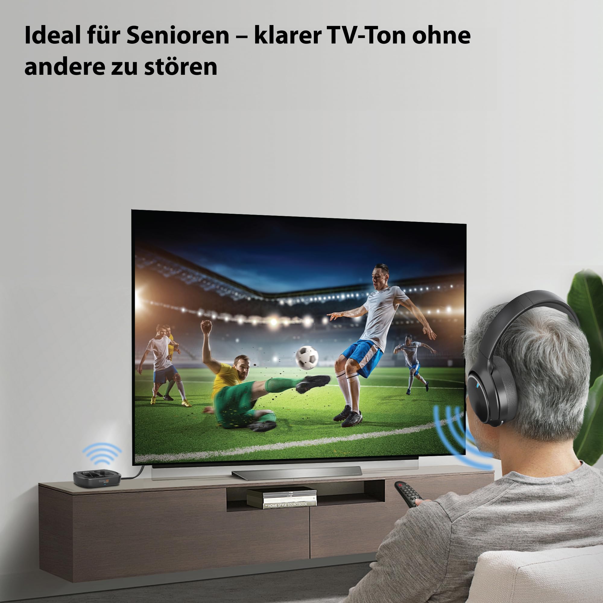 Technaxx TV Kopfhörer kabellos mit Ladestation – Funkkopfhörer für Fernseher mit Bluetooth 5.4, Mikrofon, 30h Akku, USB-C, optischer & AUX-Anschluss, Over-Ear Stereo Headset - TX-350