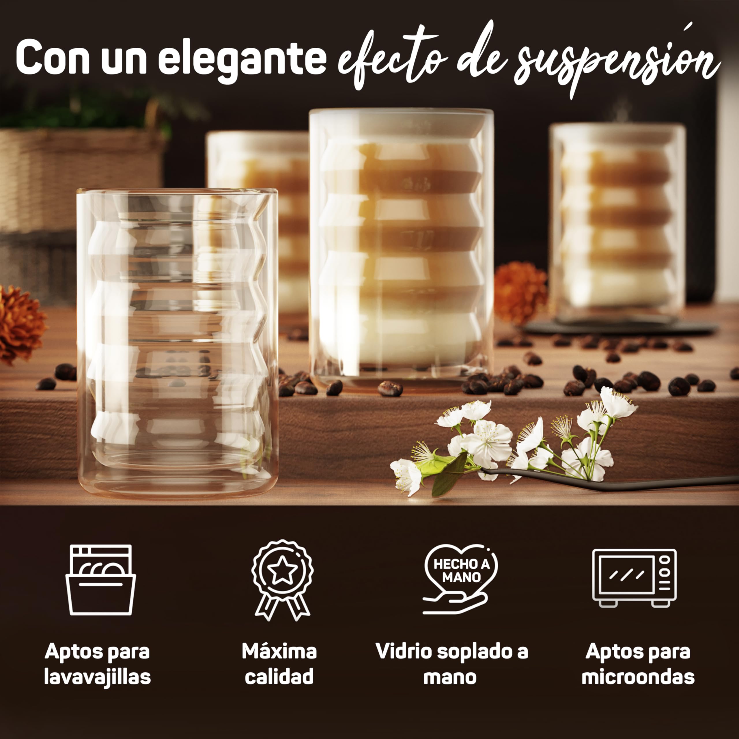 ElbFuchs® Vasos de cristal de doble pared Latte Macchiato [4×400 ml] vasos térmicos transparentes con cucharillas – para cappuccino, café & té