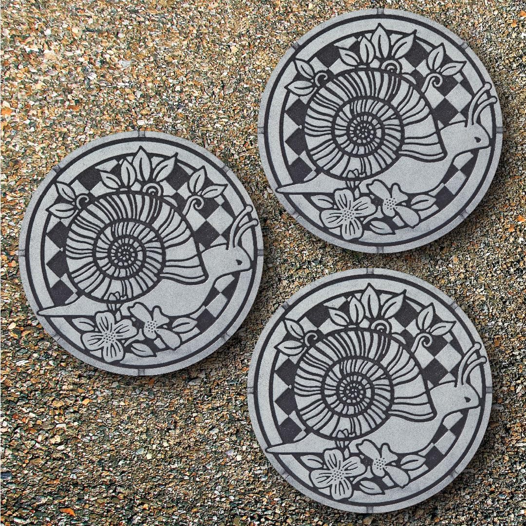 HF by LT Deluxe Rubber Stepping Stone, Snails Design, Heavy Duty 13" All-Weather Garden Tile, Black with Pewter Finish, Set of 3