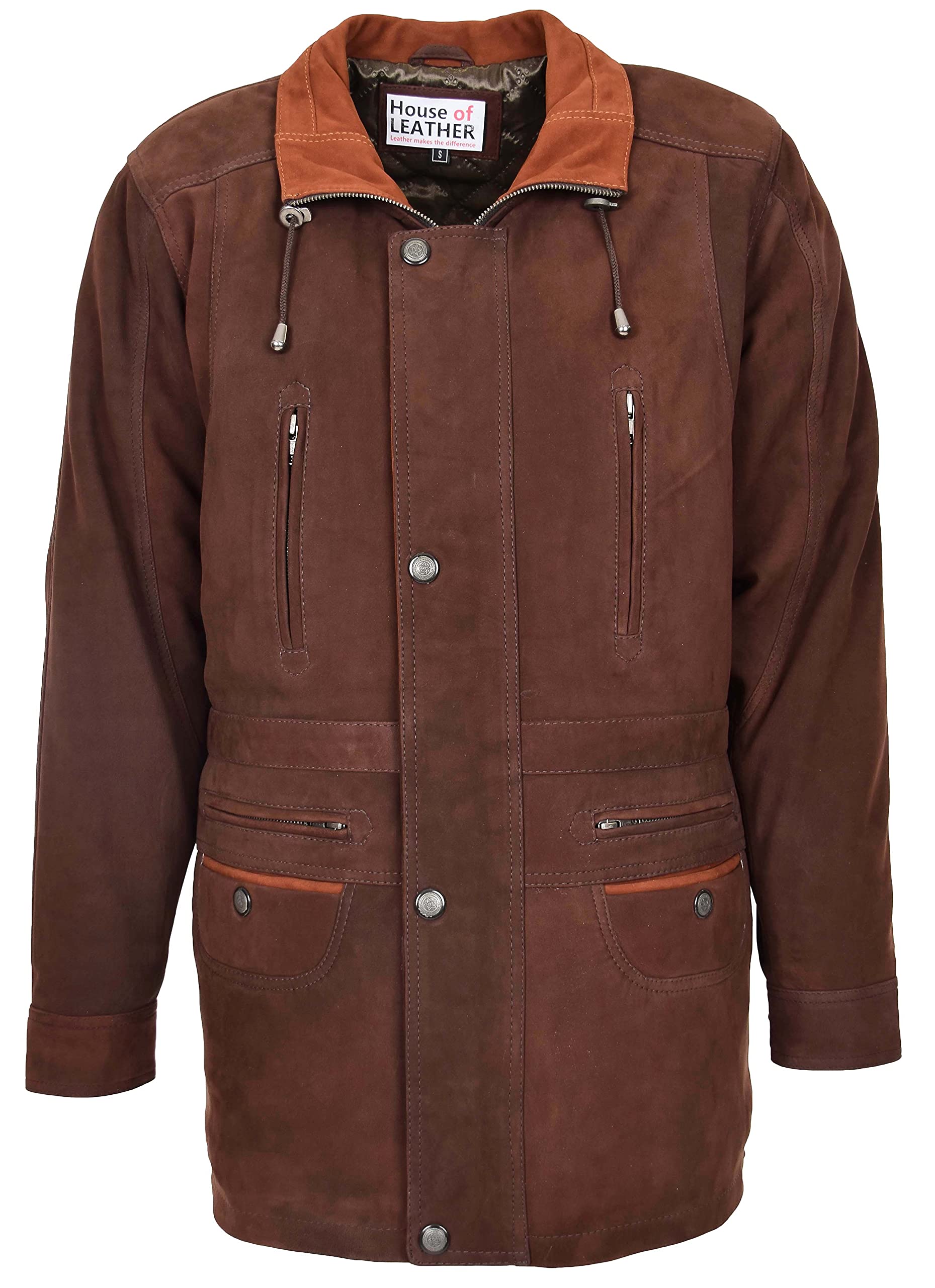 Mens Nubuck Leather Coat Winter Overcoat Classic Style Jason (M, Brown Nubuck)