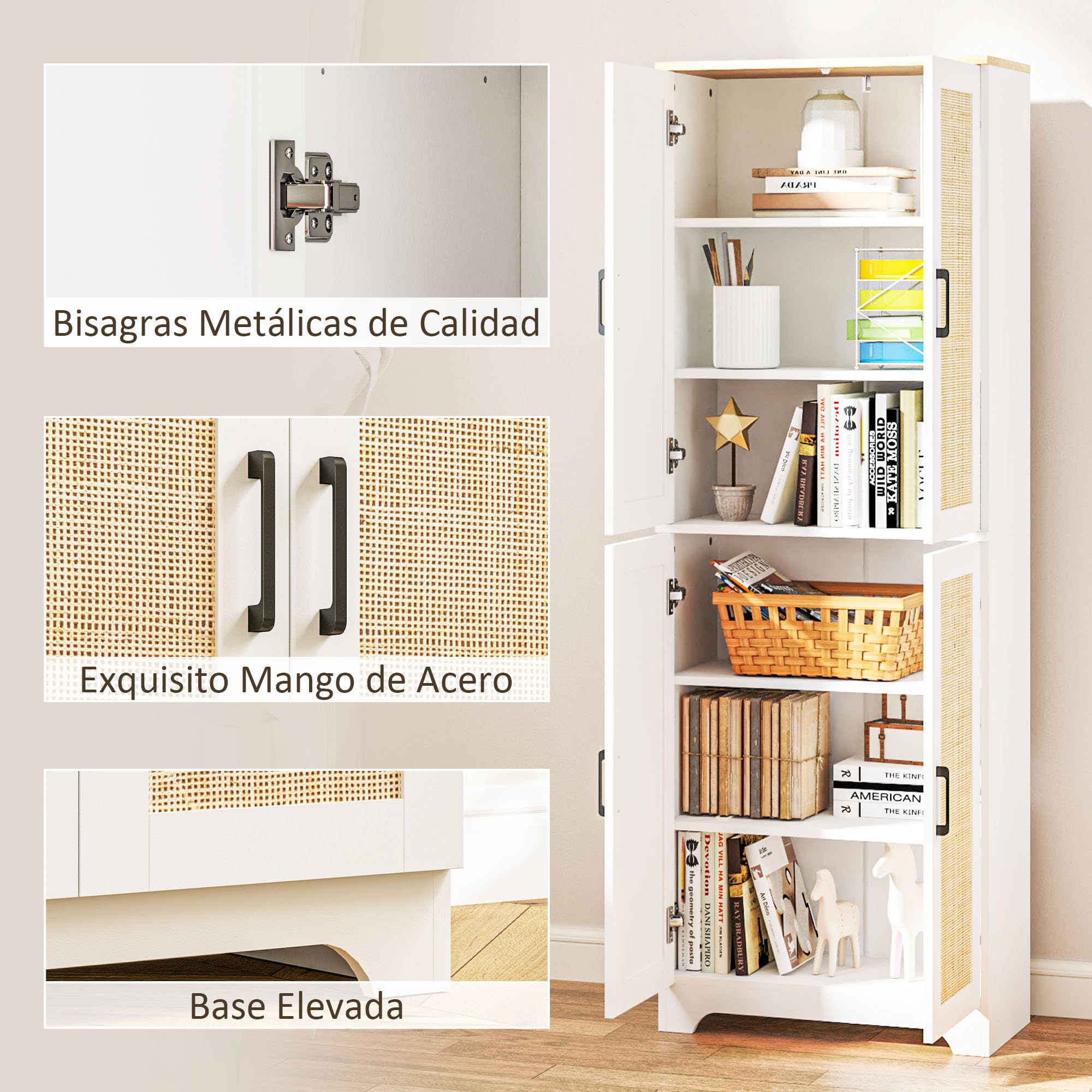 HOMCOM Alacena de Cocina con Estantes Ajustables 60x30x170 cm Blanco | Aparador de Cocina, Puertas de Ratán, Sistema Antivuelco